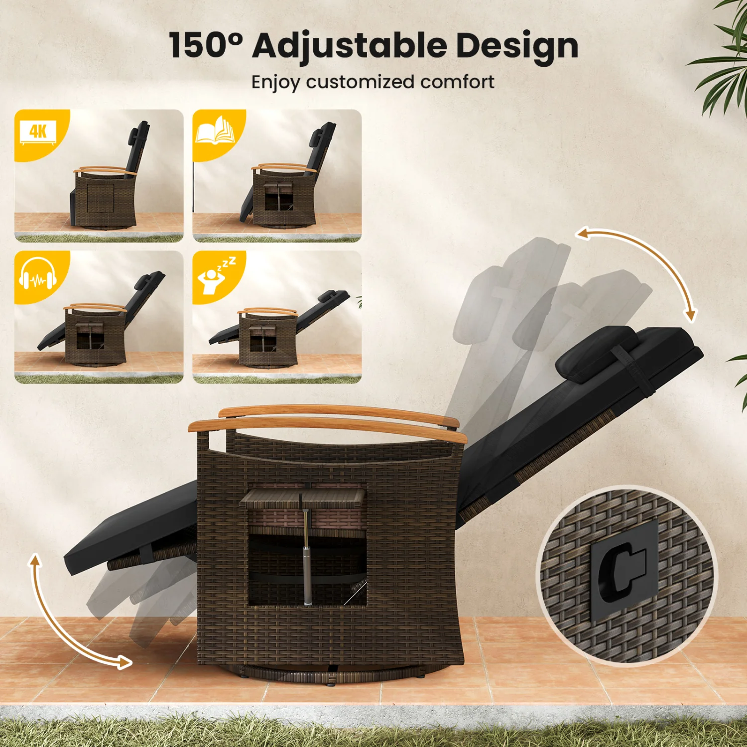 Set of 2 Patio Rattan 360° Swivel Recliner Chair with Adjustable Backrest and Footrest, Black - Image 5