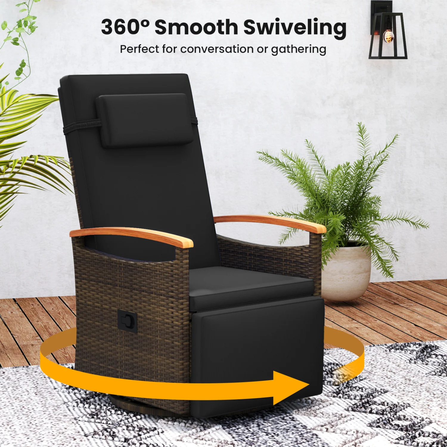 Set of 2 Patio Rattan 360° Swivel Recliner Chair with Adjustable Backrest and Footrest, Black - Image 6