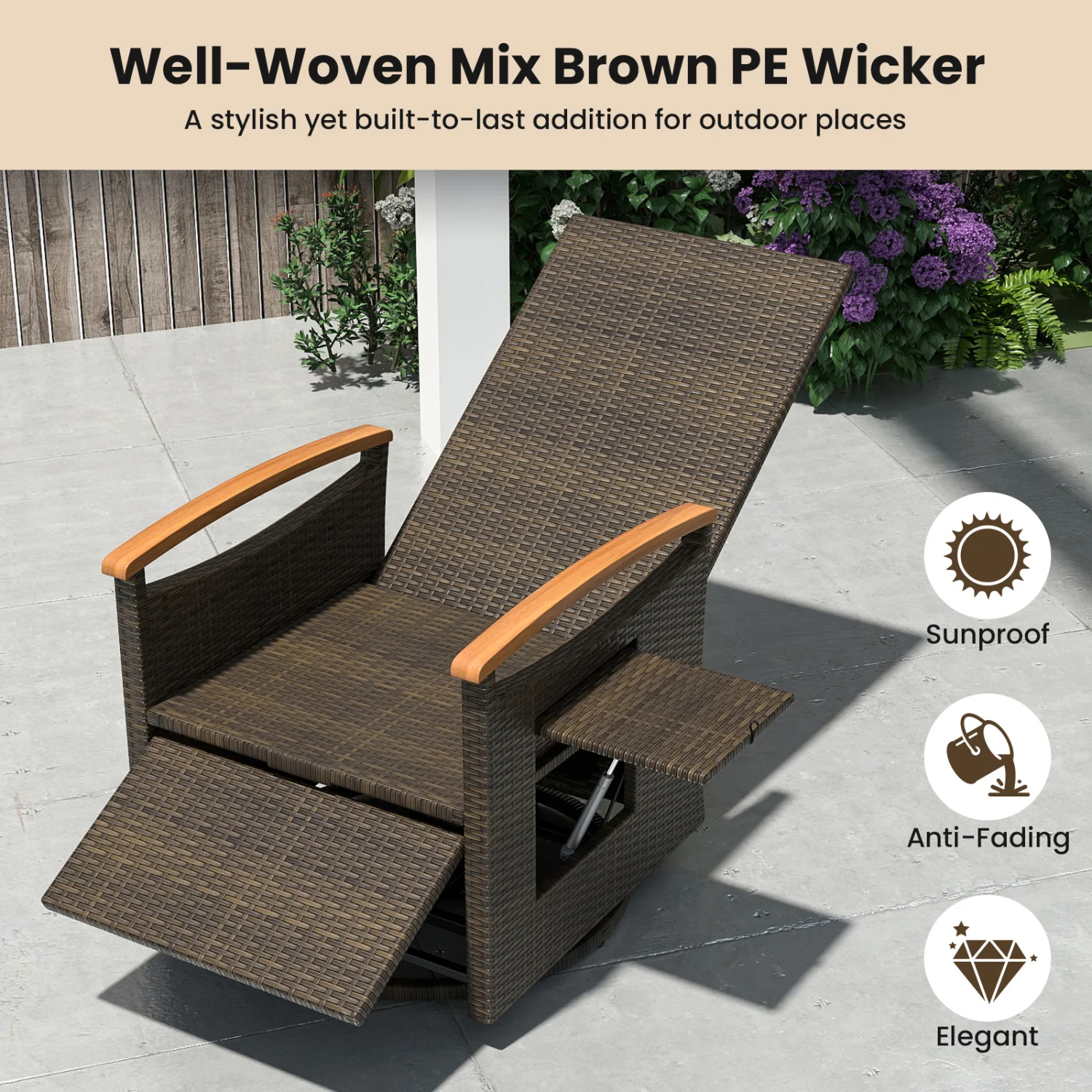 Set of 2 Patio Rattan 360° Swivel Recliner Chair with Adjustable Backrest and Footrest, Black - Image 7