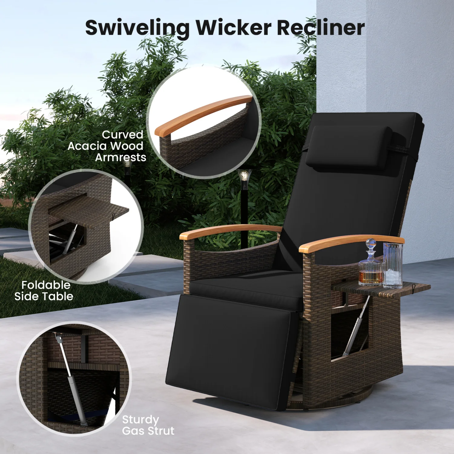 Set of 2 Patio Rattan 360° Swivel Recliner Chair with Adjustable Backrest and Footrest, Black - Image 9