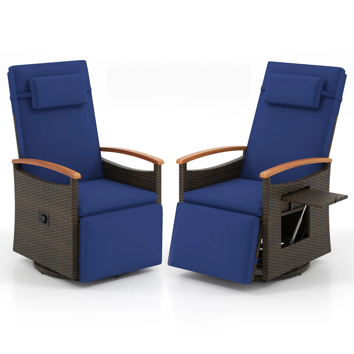 Set of 2 Patio Rattan 360° Swivel Recliner Chair with Adjustable Backrest and Footrest, Navy