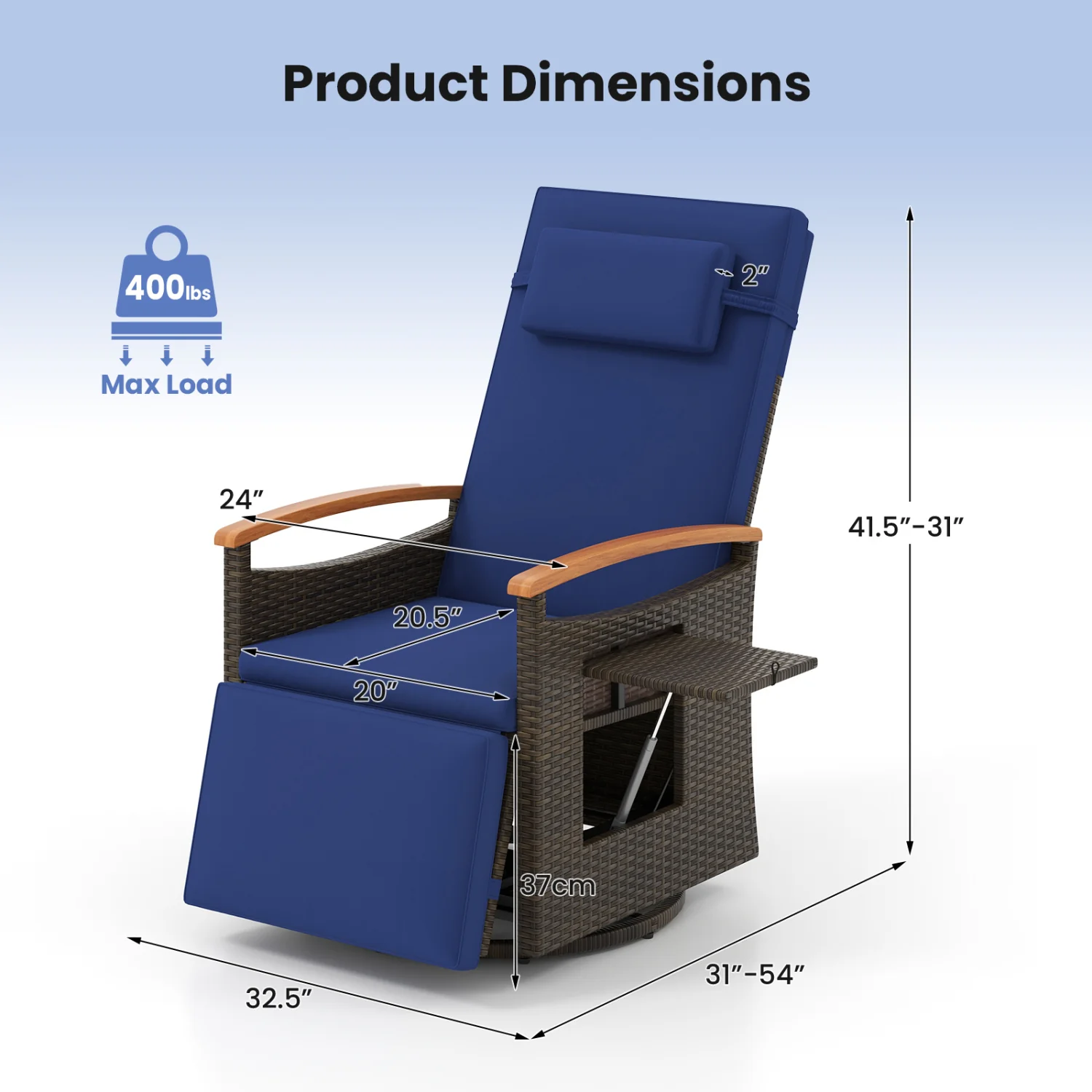 Set of 2 Patio Rattan 360° Swivel Recliner Chair with Adjustable Backrest and Footrest, Navy - Image 4