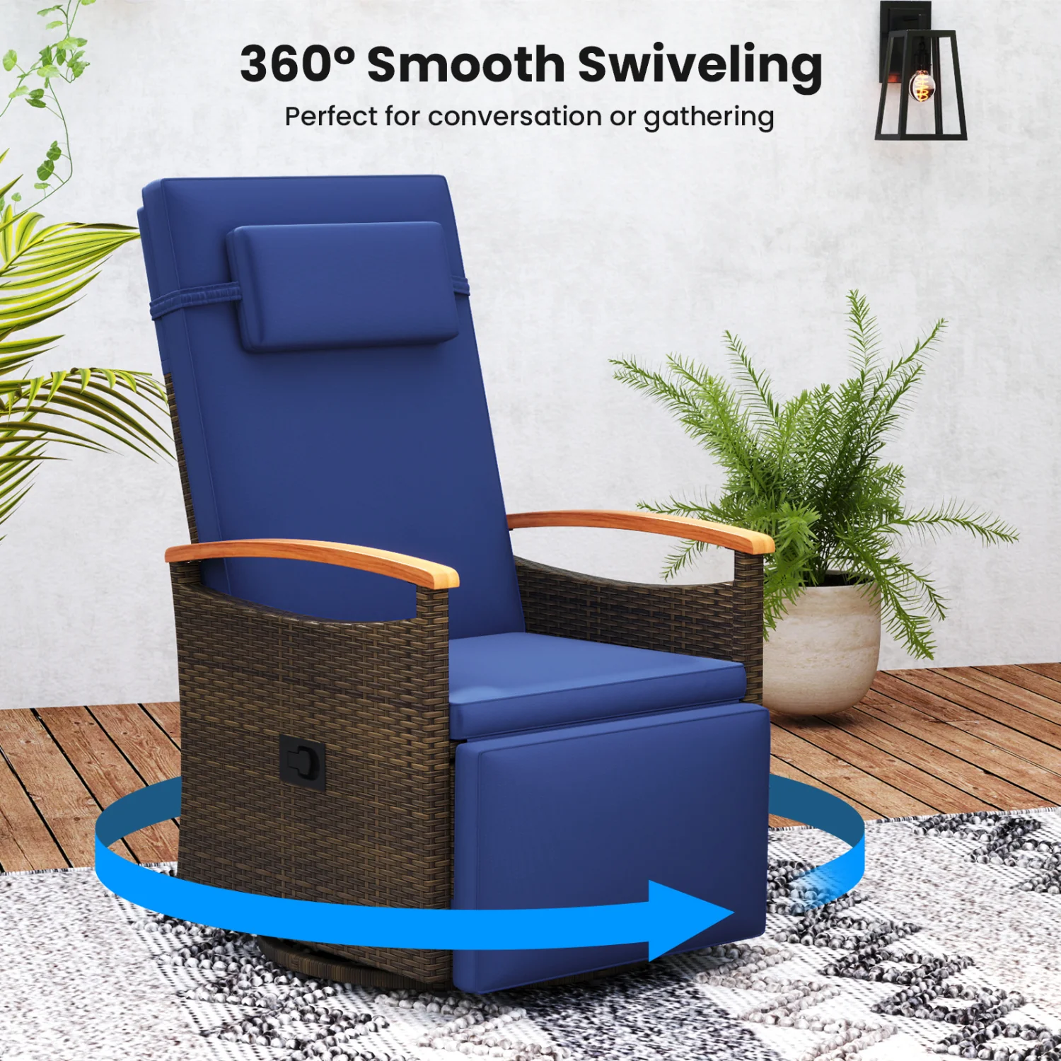 Set of 2 Patio Rattan 360° Swivel Recliner Chair with Adjustable Backrest and Footrest, Navy - Image 6