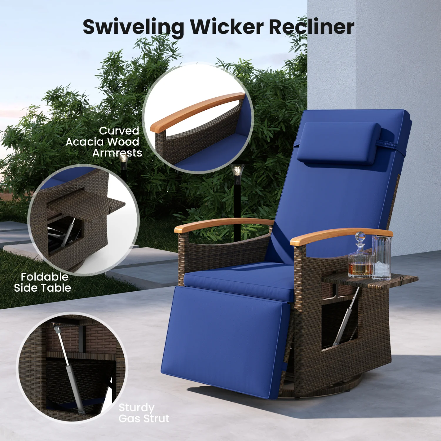 Set of 2 Patio Rattan 360° Swivel Recliner Chair with Adjustable Backrest and Footrest, Navy - Image 9