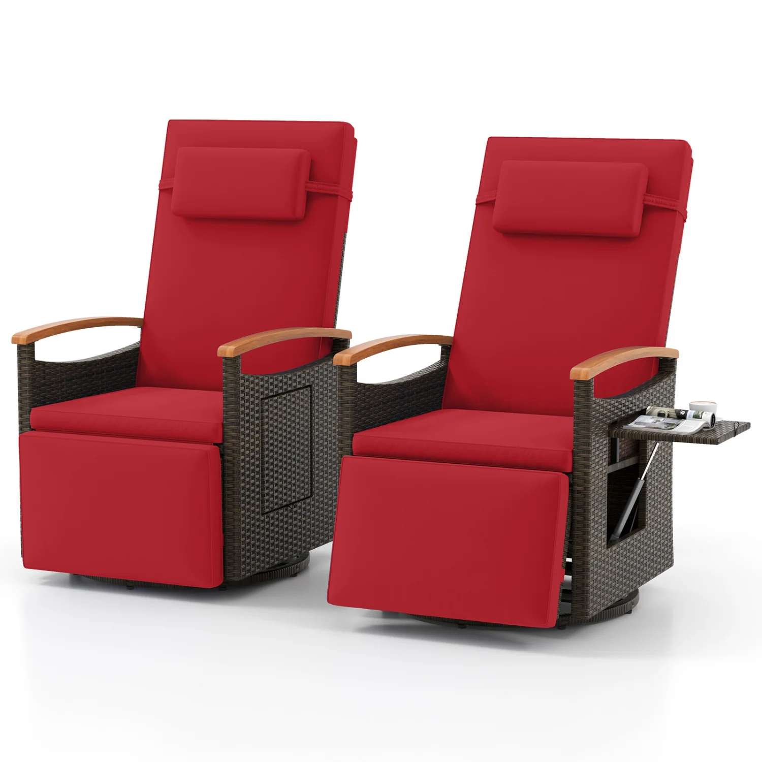 Set of 2 Patio Rattan 360° Swivel Recliner Chair with Adjustable Backrest and Footrest, Red