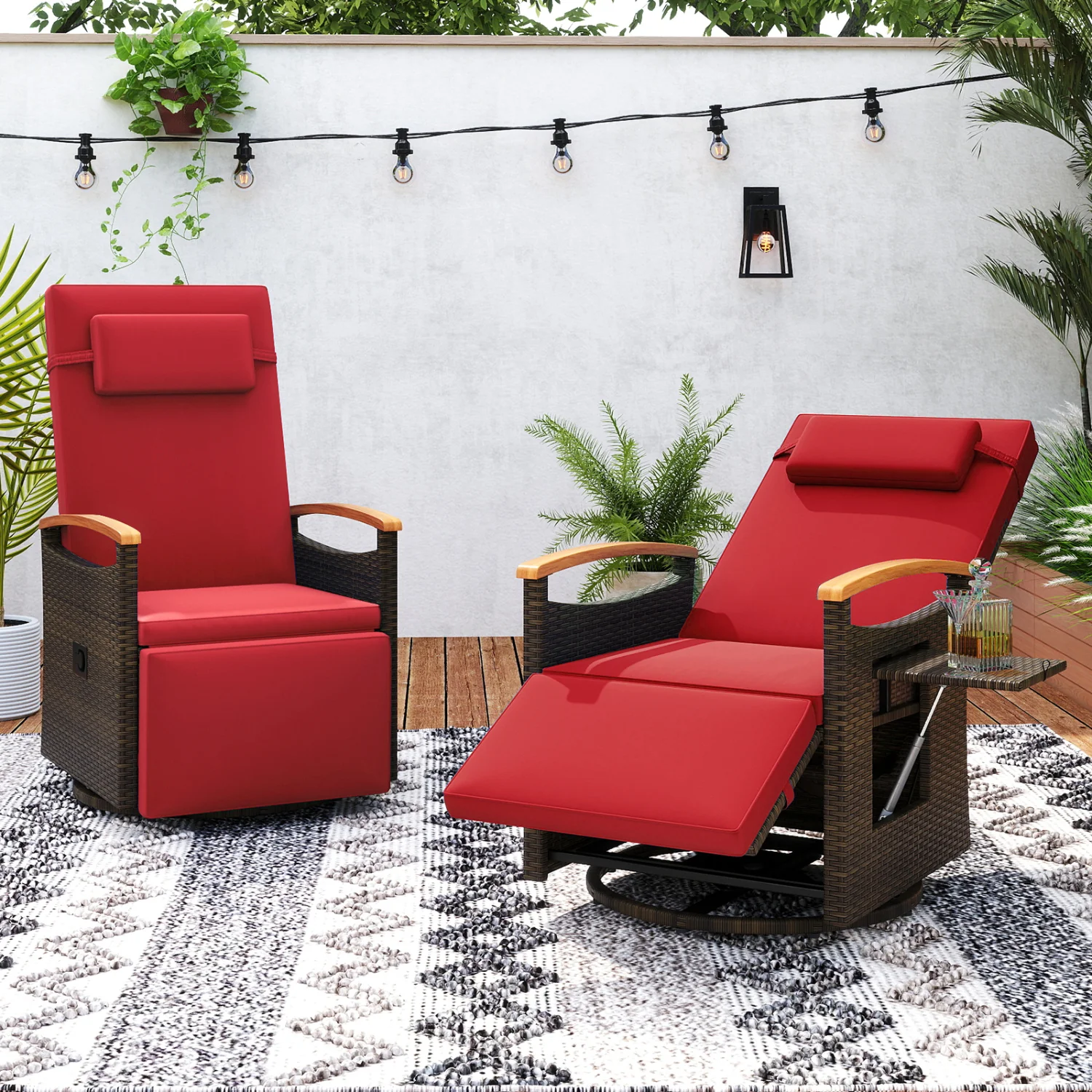Set of 2 Patio Rattan 360° Swivel Recliner Chair with Adjustable Backrest and Footrest, Red - Image 2