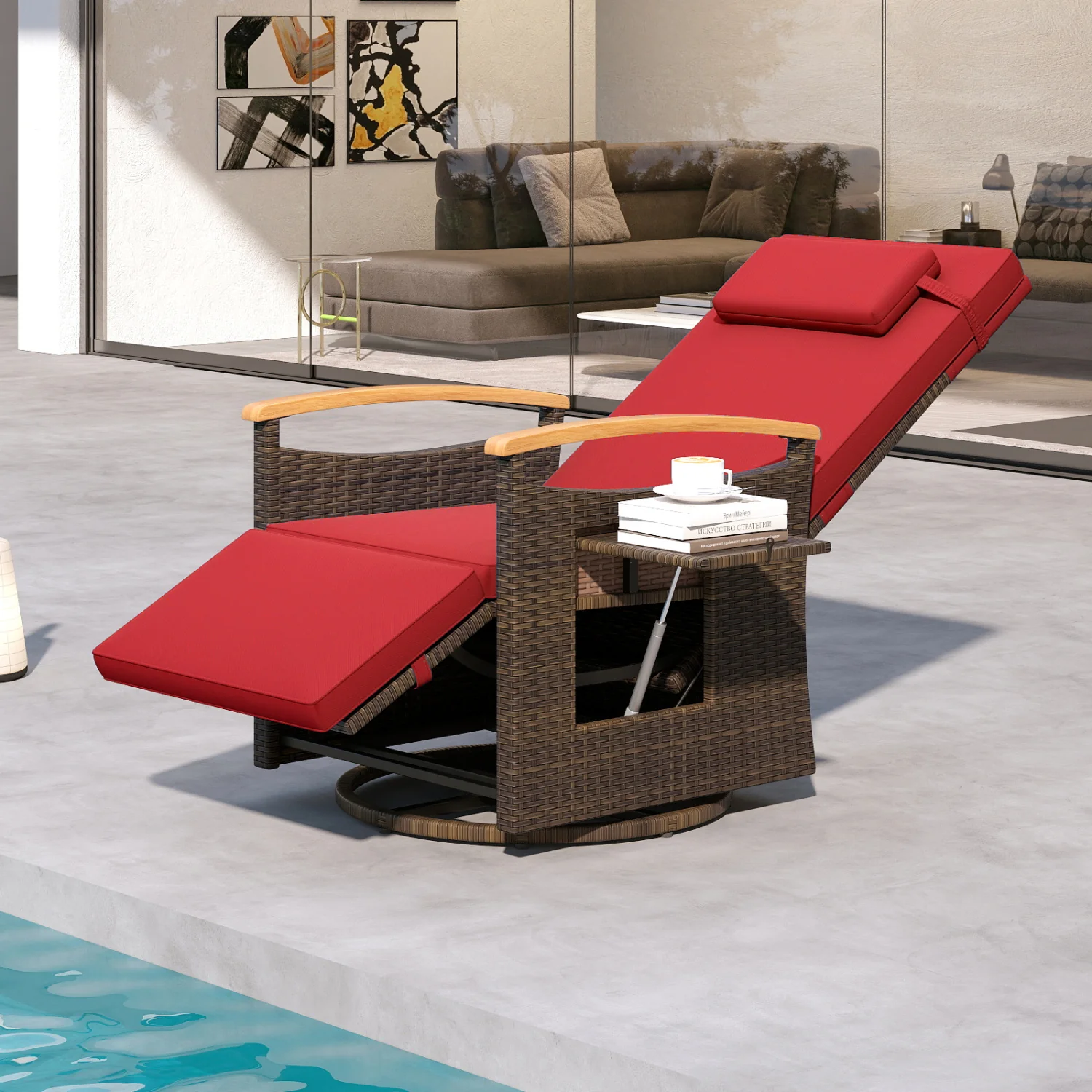 Set of 2 Patio Rattan 360° Swivel Recliner Chair with Adjustable Backrest and Footrest, Red - Image 3
