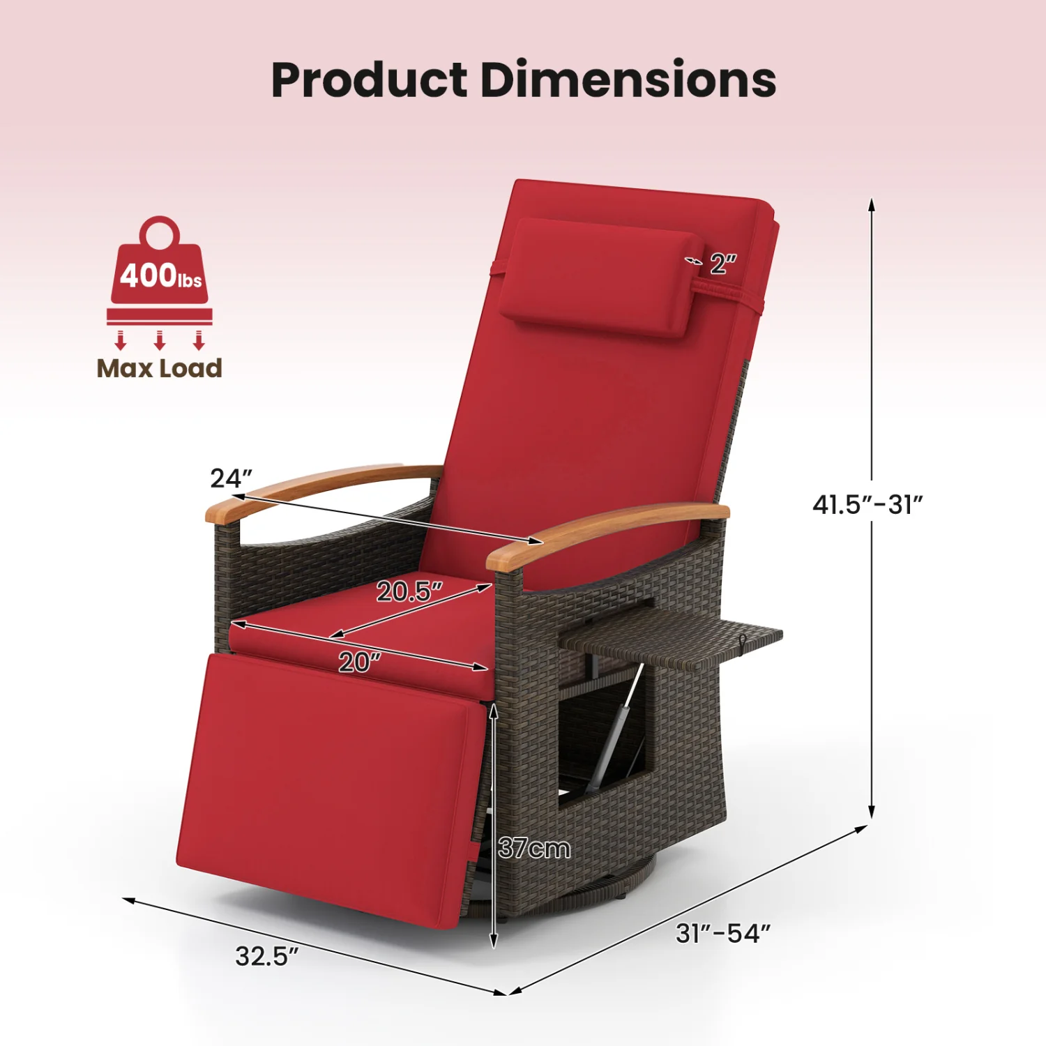 Set of 2 Patio Rattan 360° Swivel Recliner Chair with Adjustable Backrest and Footrest, Red - Image 4