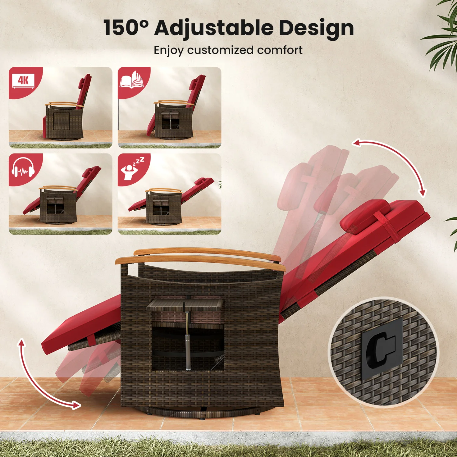 Set of 2 Patio Rattan 360° Swivel Recliner Chair with Adjustable Backrest and Footrest, Red - Image 5