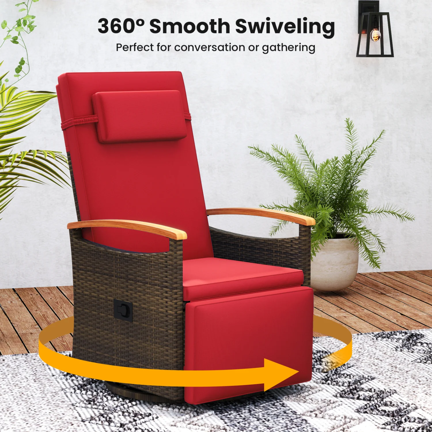 Set of 2 Patio Rattan 360° Swivel Recliner Chair with Adjustable Backrest and Footrest, Red - Image 6