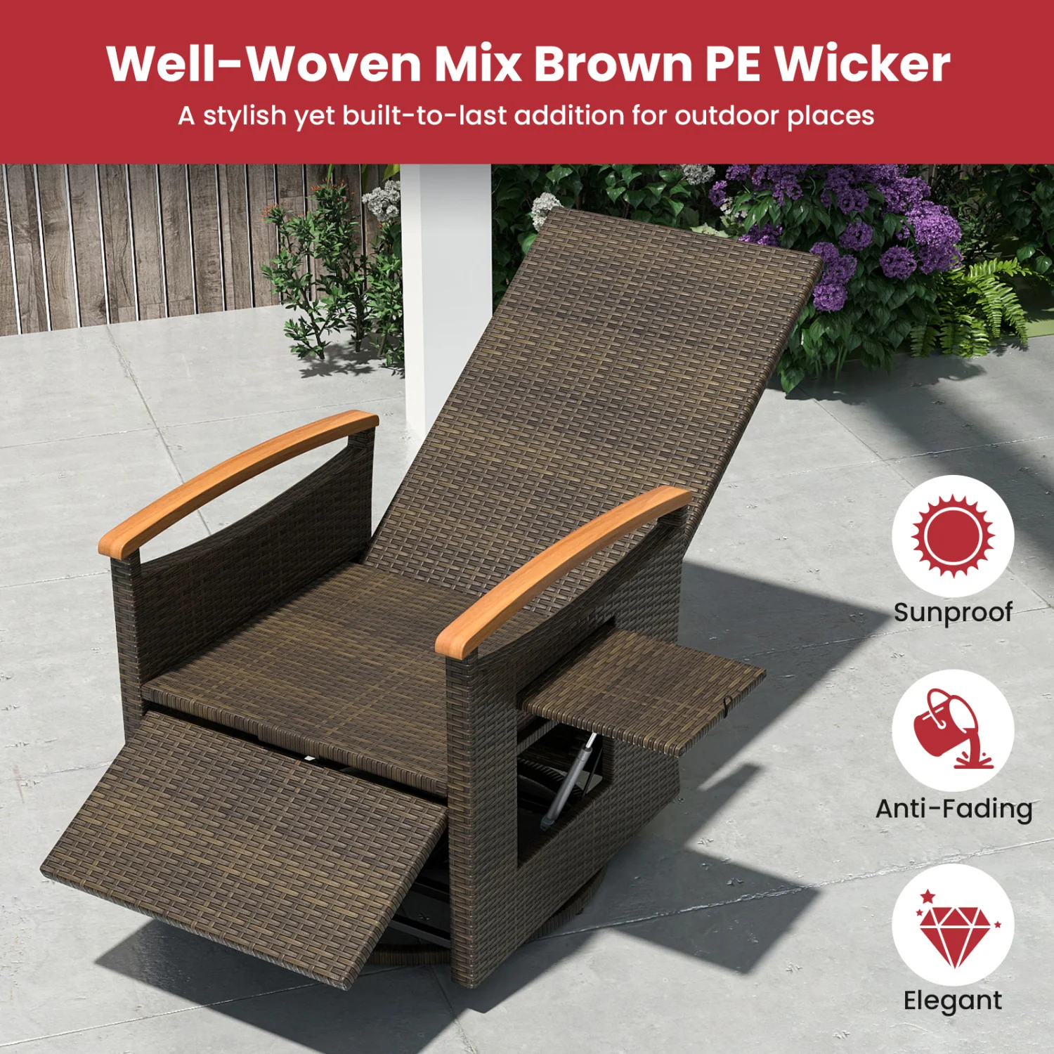 Set of 2 Patio Rattan 360° Swivel Recliner Chair with Adjustable Backrest and Footrest, Red - Image 7