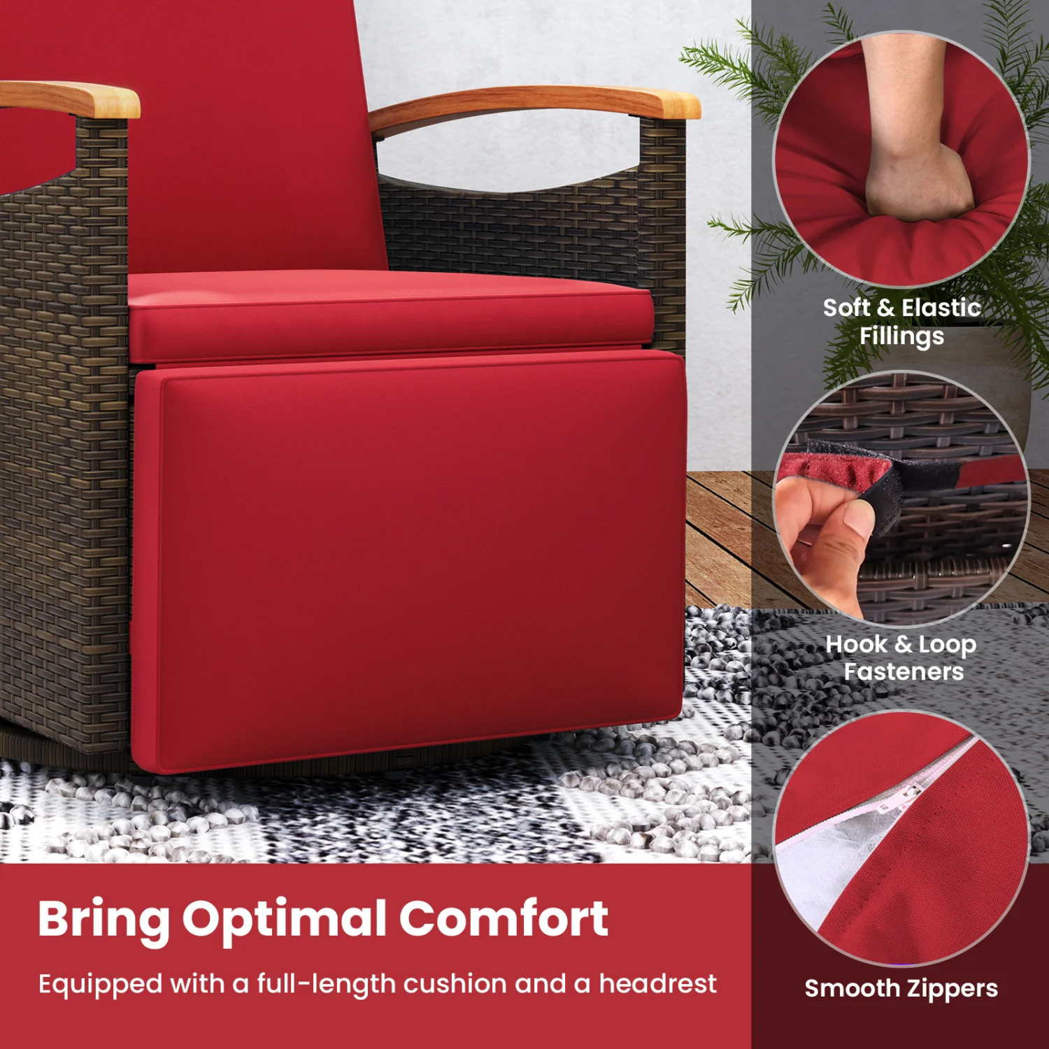 Set of 2 Patio Rattan 360° Swivel Recliner Chair with Adjustable Backrest and Footrest, Red - Image 8