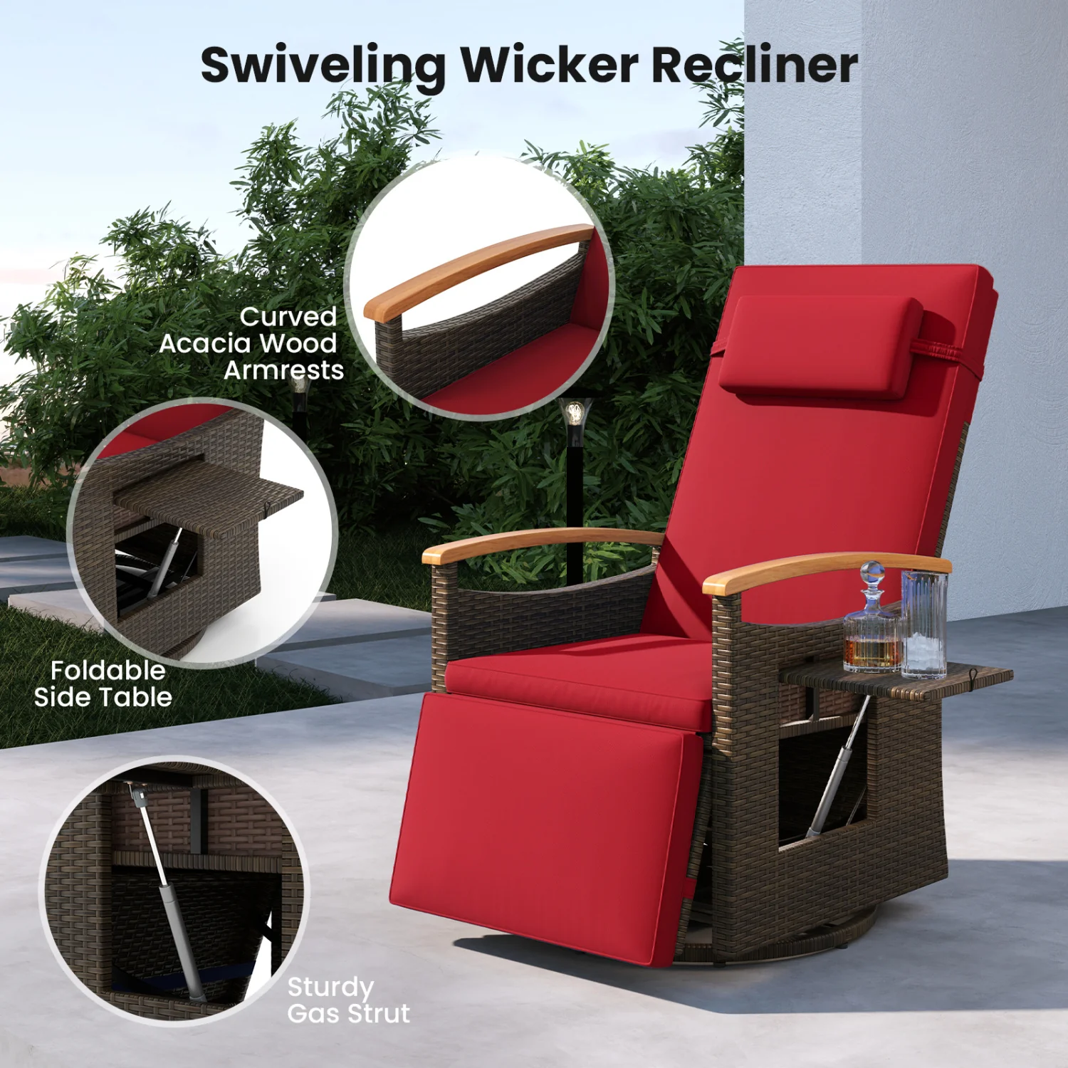 Set of 2 Patio Rattan 360° Swivel Recliner Chair with Adjustable Backrest and Footrest, Red - Image 9