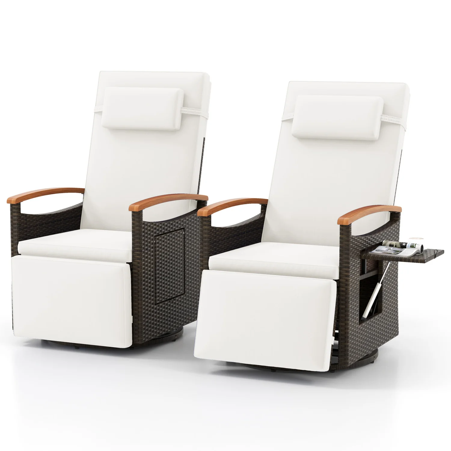 Set of 2 Patio Rattan 360° Swivel Recliner Chair with Adjustable Backrest and Footrest, White
