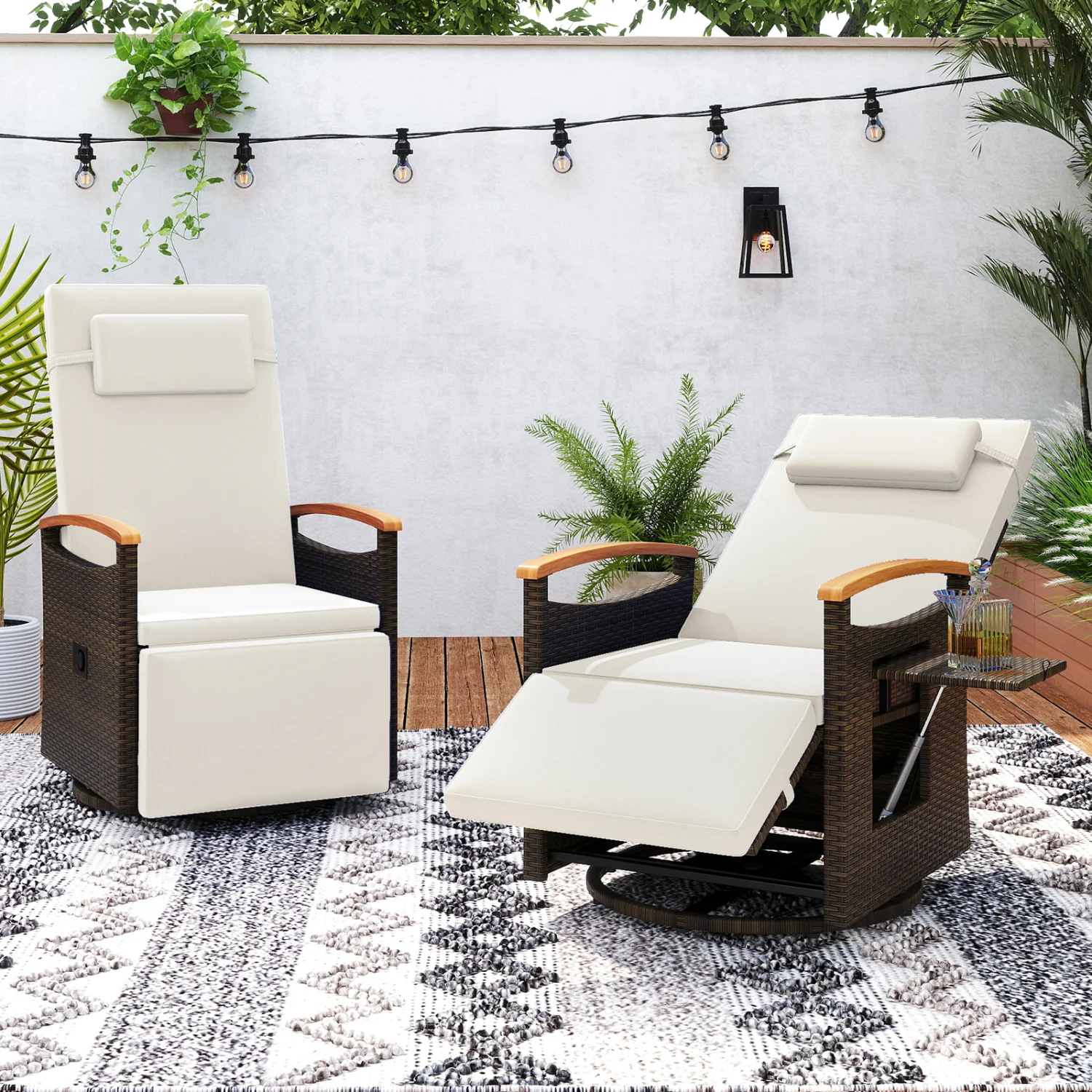 Set of 2 Patio Rattan 360° Swivel Recliner Chair with Adjustable Backrest and Footrest, White - Image 2