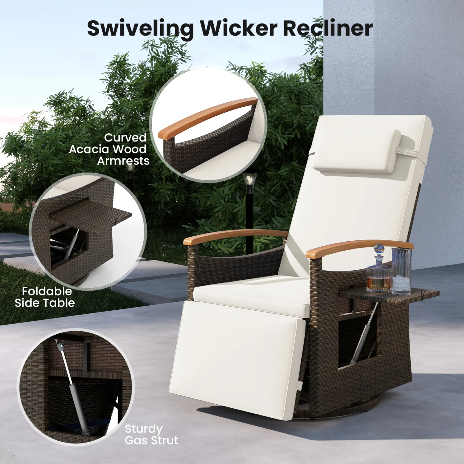 Set of 2 Patio Rattan 360° Swivel Recliner Chair with Adjustable Backrest and Footrest, White - Image 9