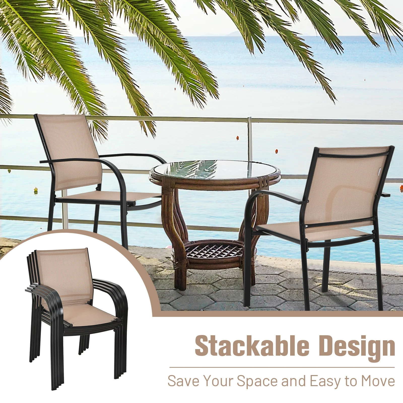 Set Of 2 Patio Stackable Dining Chairs, With Armrests, Brown - Image 10
