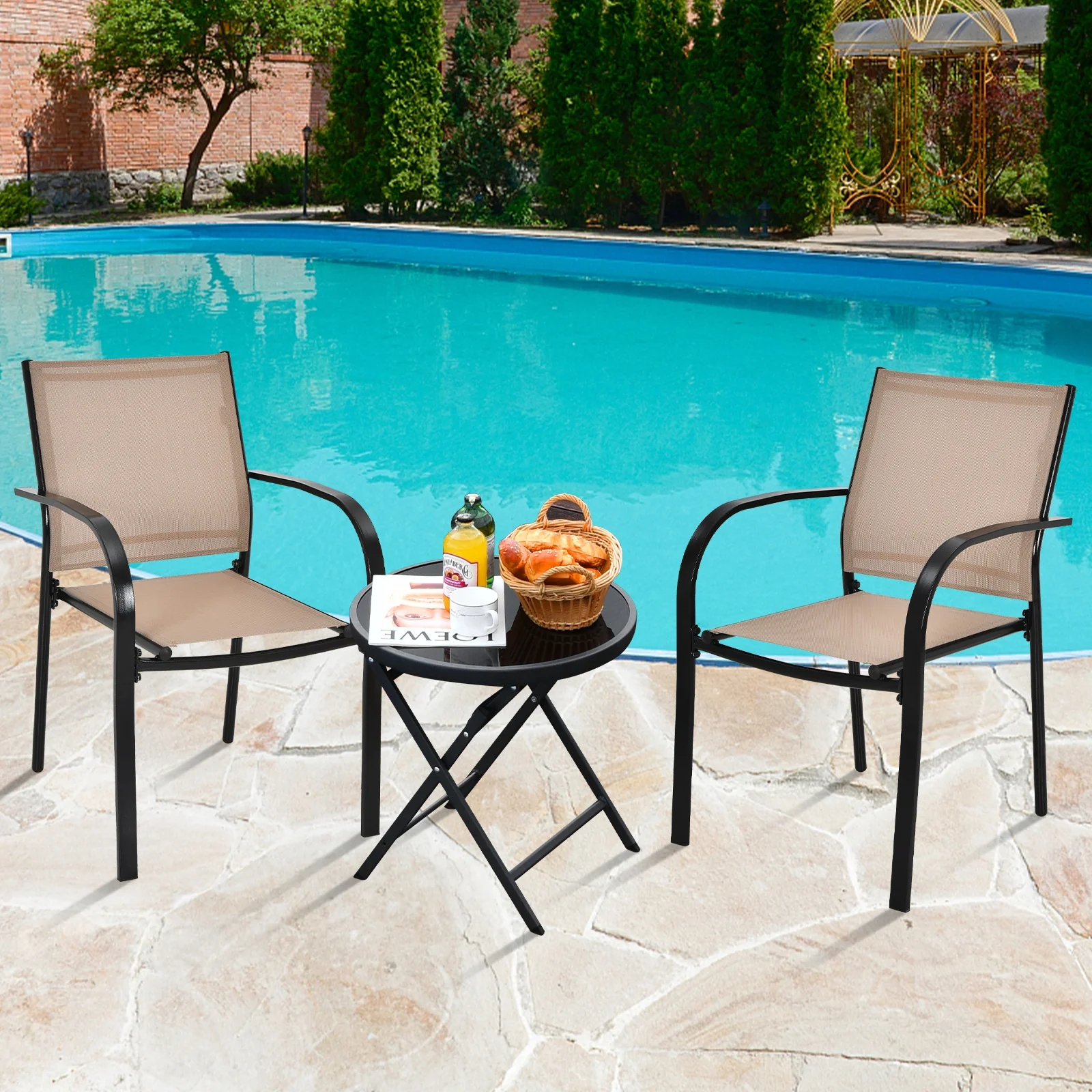 Set Of 2 Patio Stackable Dining Chairs, With Armrests, Brown - Image 3