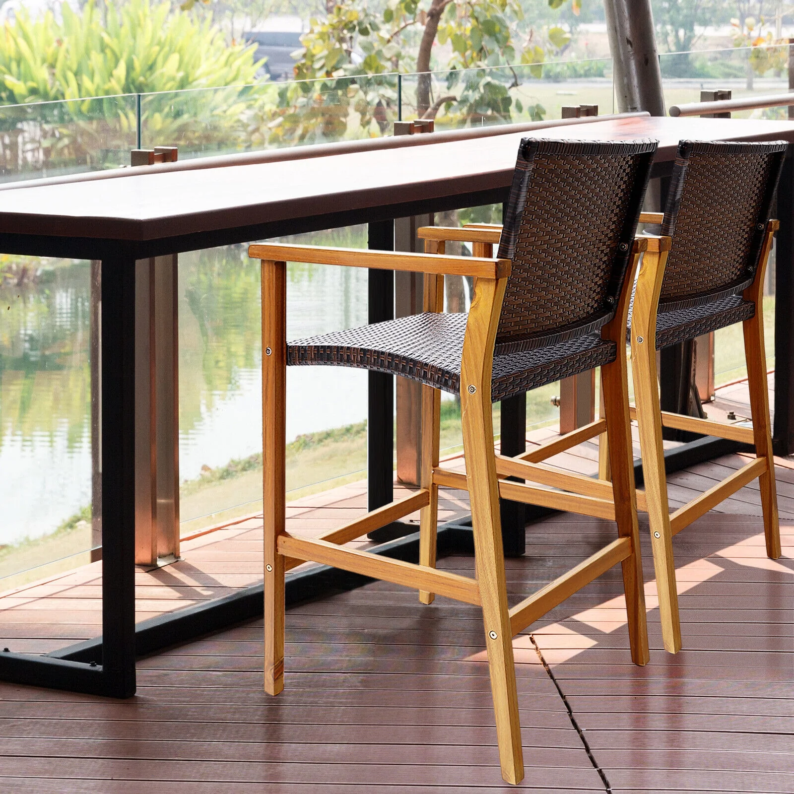 Set Of 2 PE Wicker Patio Bar Chairs, Acacia Wood Armrests, Brown - Image 2
