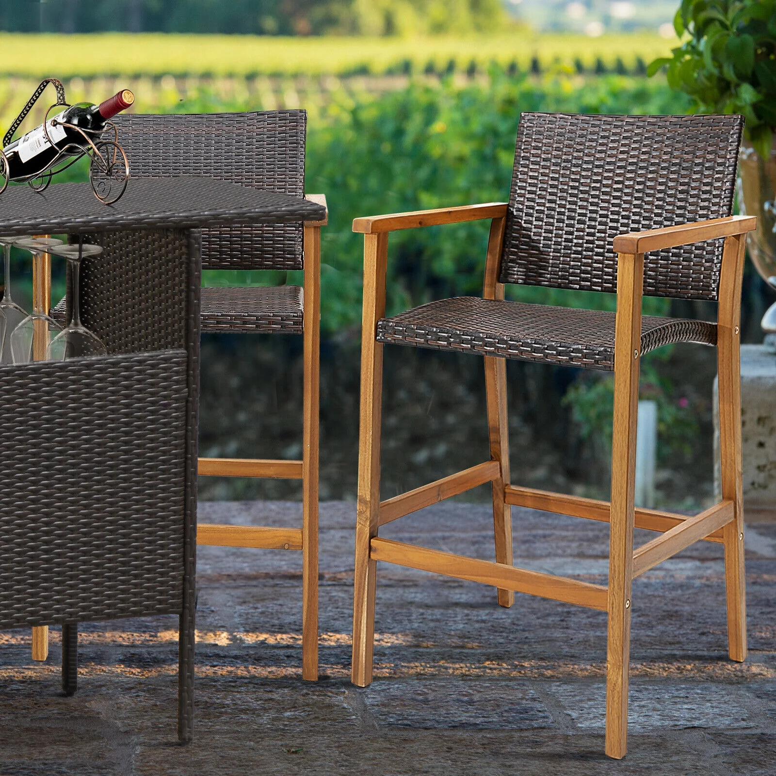 Set Of 2 PE Wicker Patio Bar Chairs, Acacia Wood Armrests, Brown - Image 3