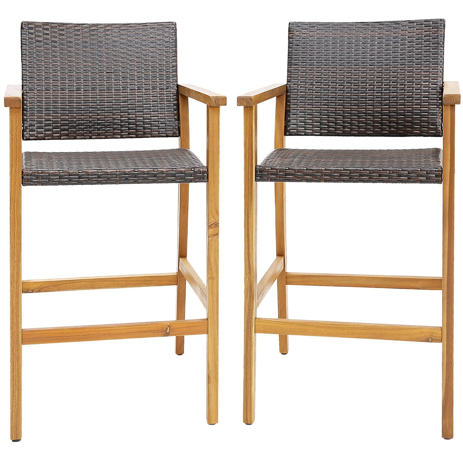 Set Of 2 PE Wicker Patio Bar Chairs, Acacia Wood Armrests, Brown - Image 4