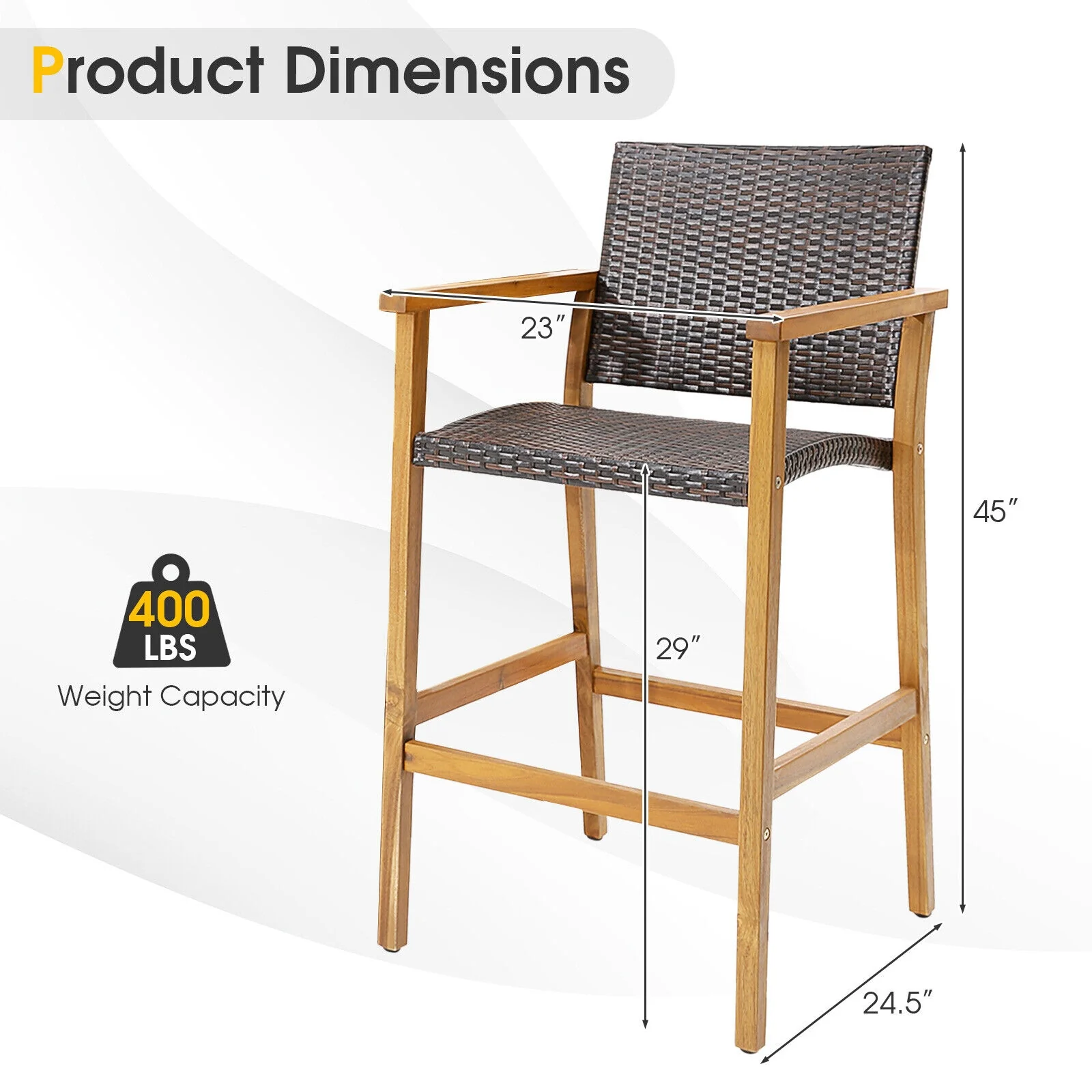 Set Of 2 PE Wicker Patio Bar Chairs, Acacia Wood Armrests, Brown - Image 5