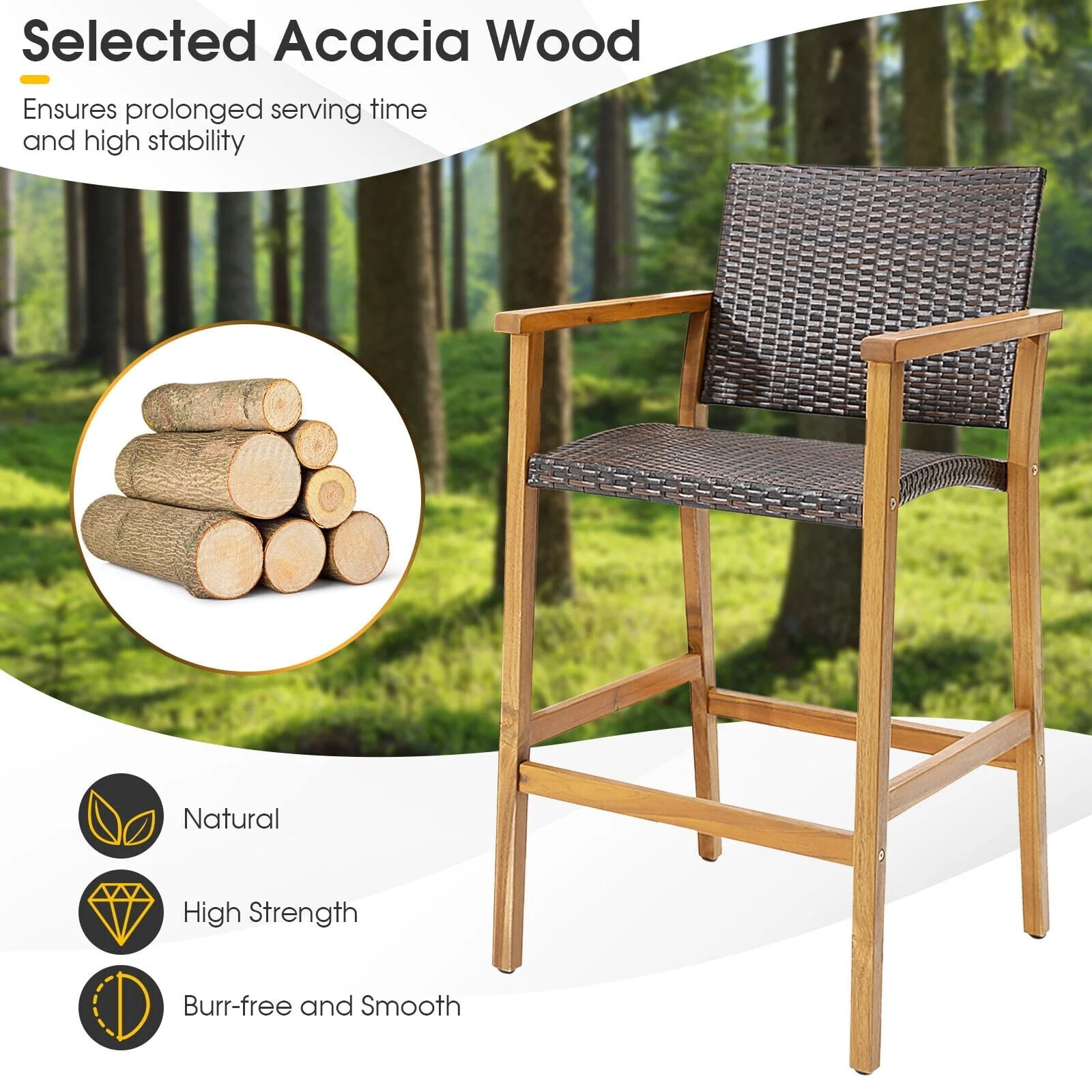 Set Of 2 PE Wicker Patio Bar Chairs, Acacia Wood Armrests, Brown - Image 6