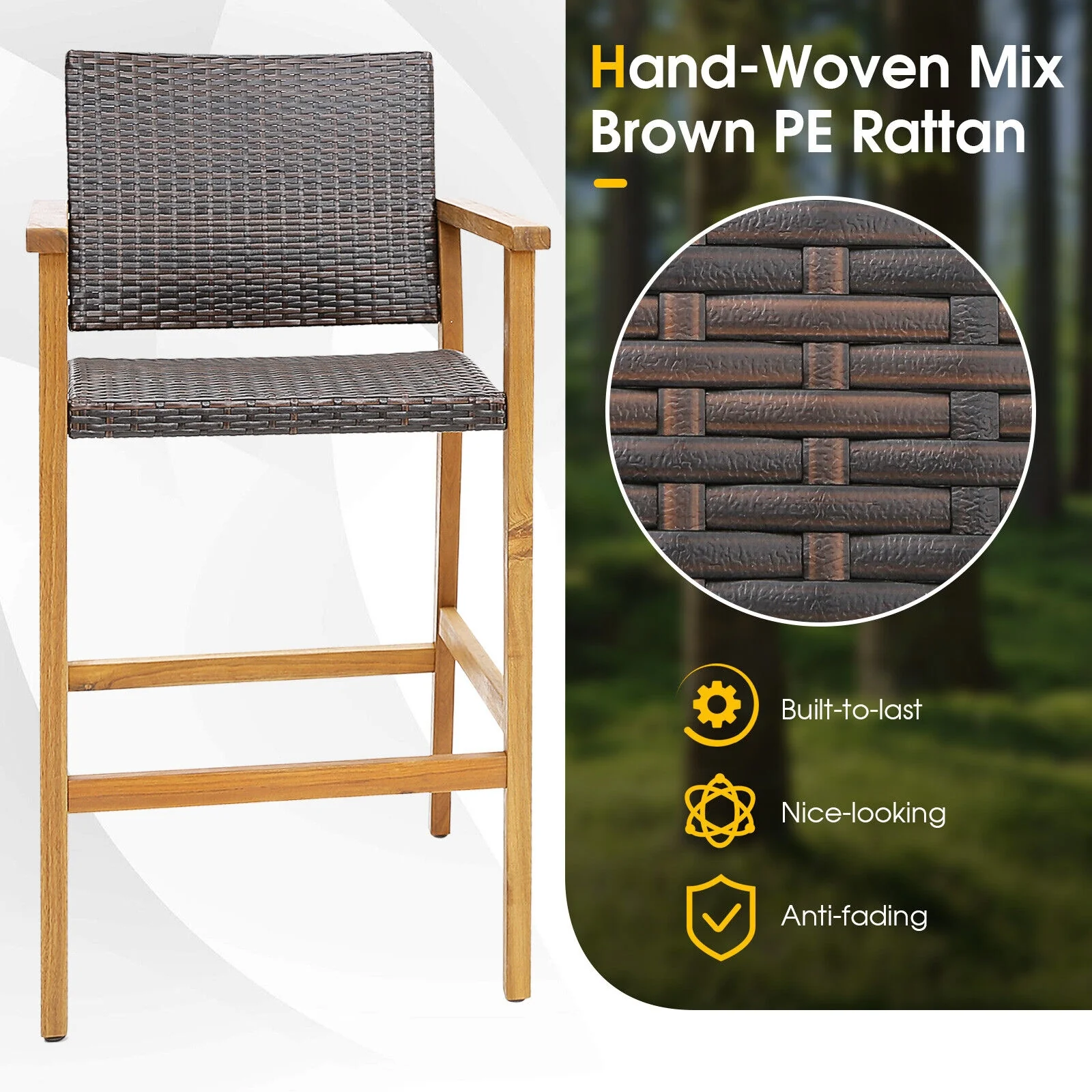 Set Of 2 PE Wicker Patio Bar Chairs, Acacia Wood Armrests, Brown - Image 7