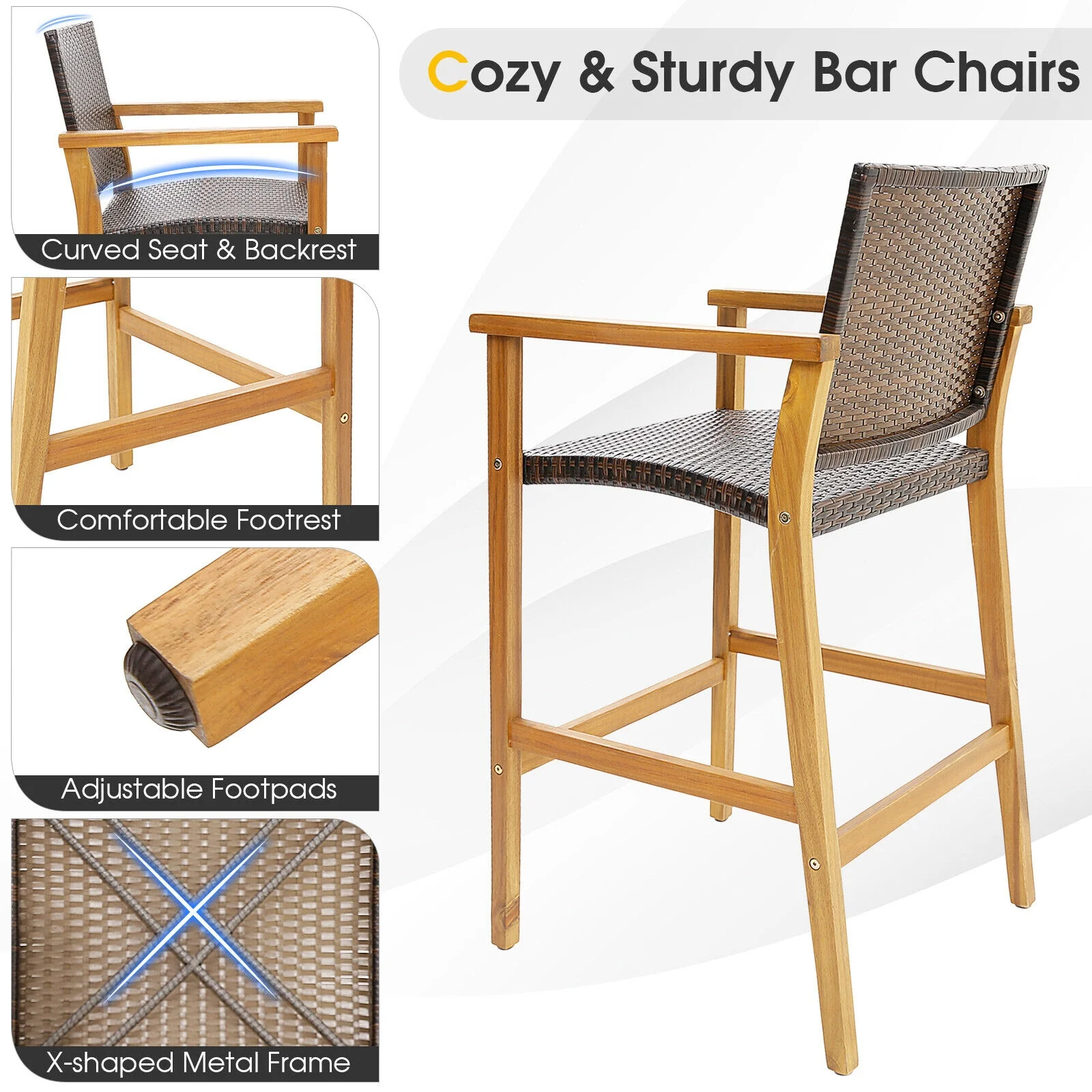 Set Of 2 PE Wicker Patio Bar Chairs, Acacia Wood Armrests, Brown - Image 8