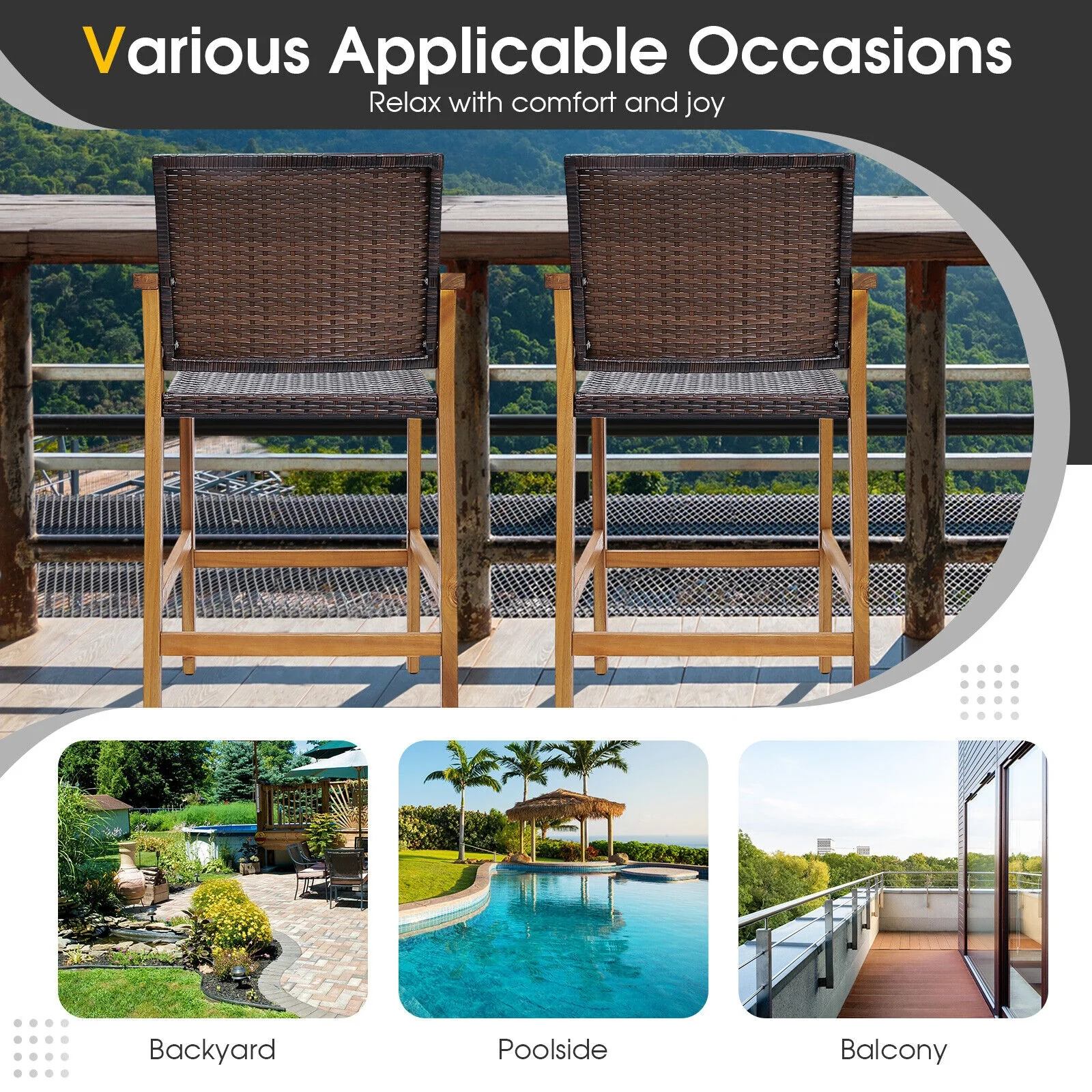 Set Of 2 PE Wicker Patio Bar Chairs, Acacia Wood Armrests, Brown - Image 9