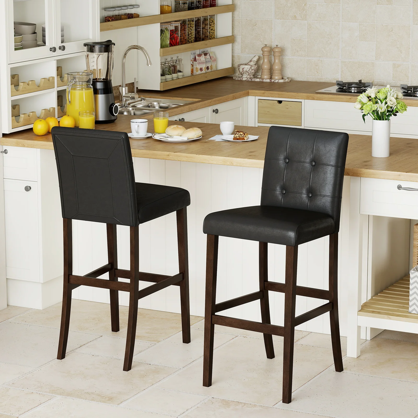 Set of 2 PVC Dining Leather Bar Stools with Solid Wood Legs-29 inches - Image 2