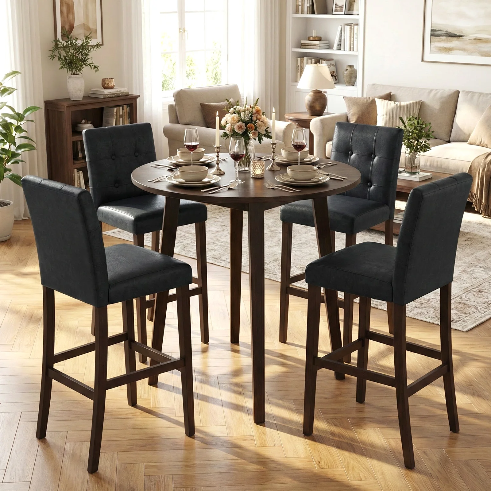 Set of 2 PVC Dining Leather Bar Stools with Solid Wood Legs-29 inches - Image 3