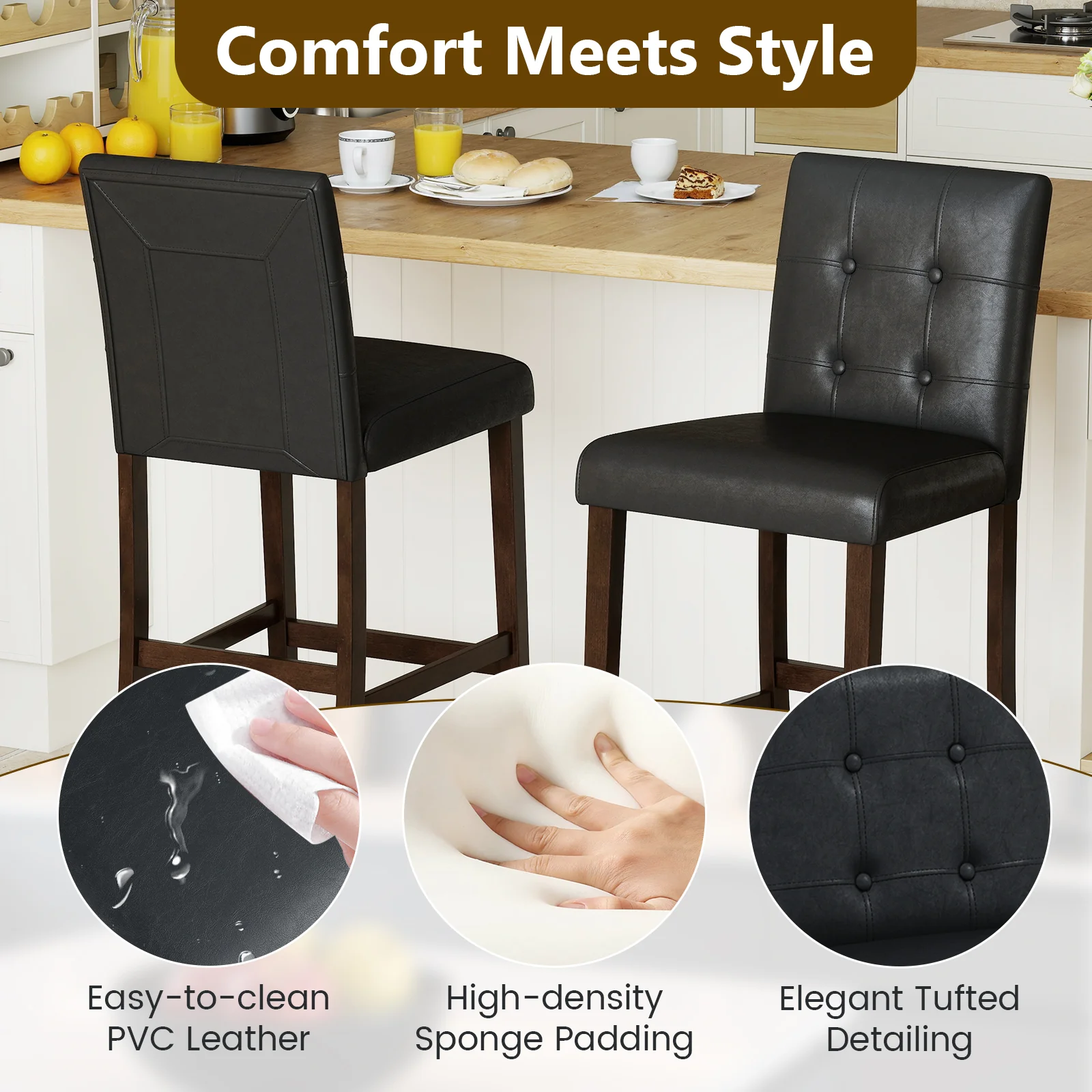 Set of 2 PVC Dining Leather Bar Stools with Solid Wood Legs-29 inches - Image 6