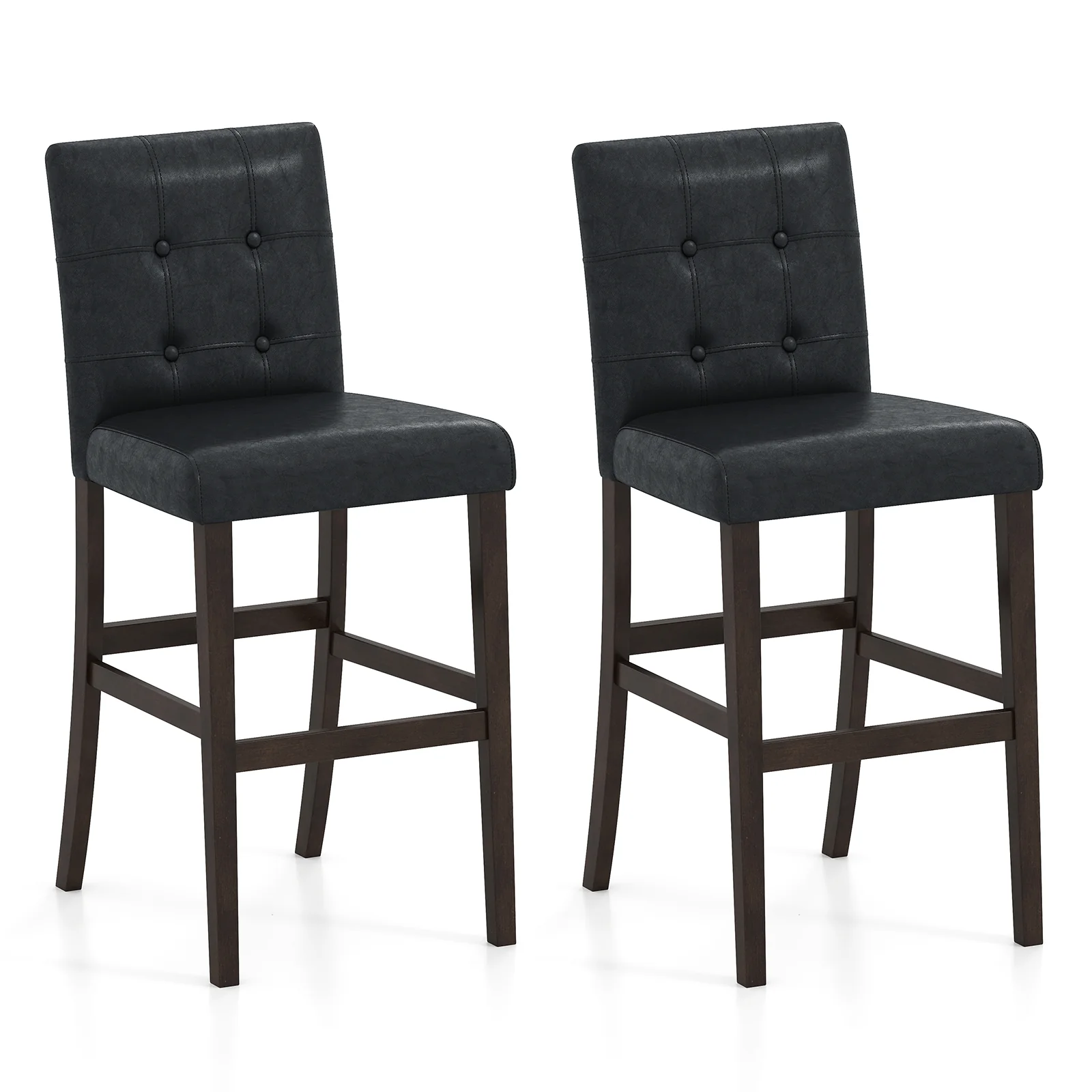 Set Of 2 PVC Leather Bar Stools, Solid Wood Legs, Black