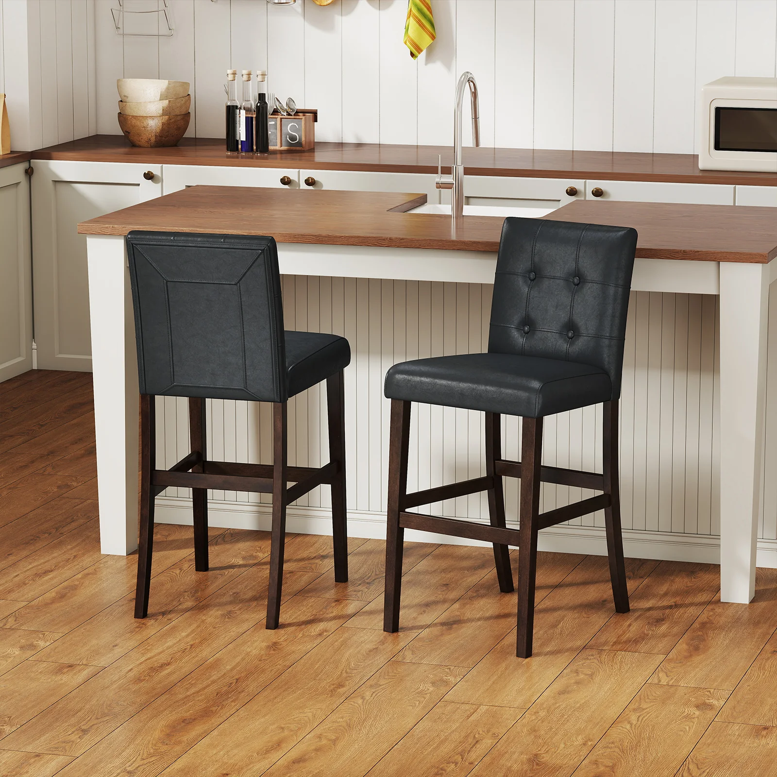 Set Of 2 PVC Leather Bar Stools, Solid Wood Legs, Black - Image 2