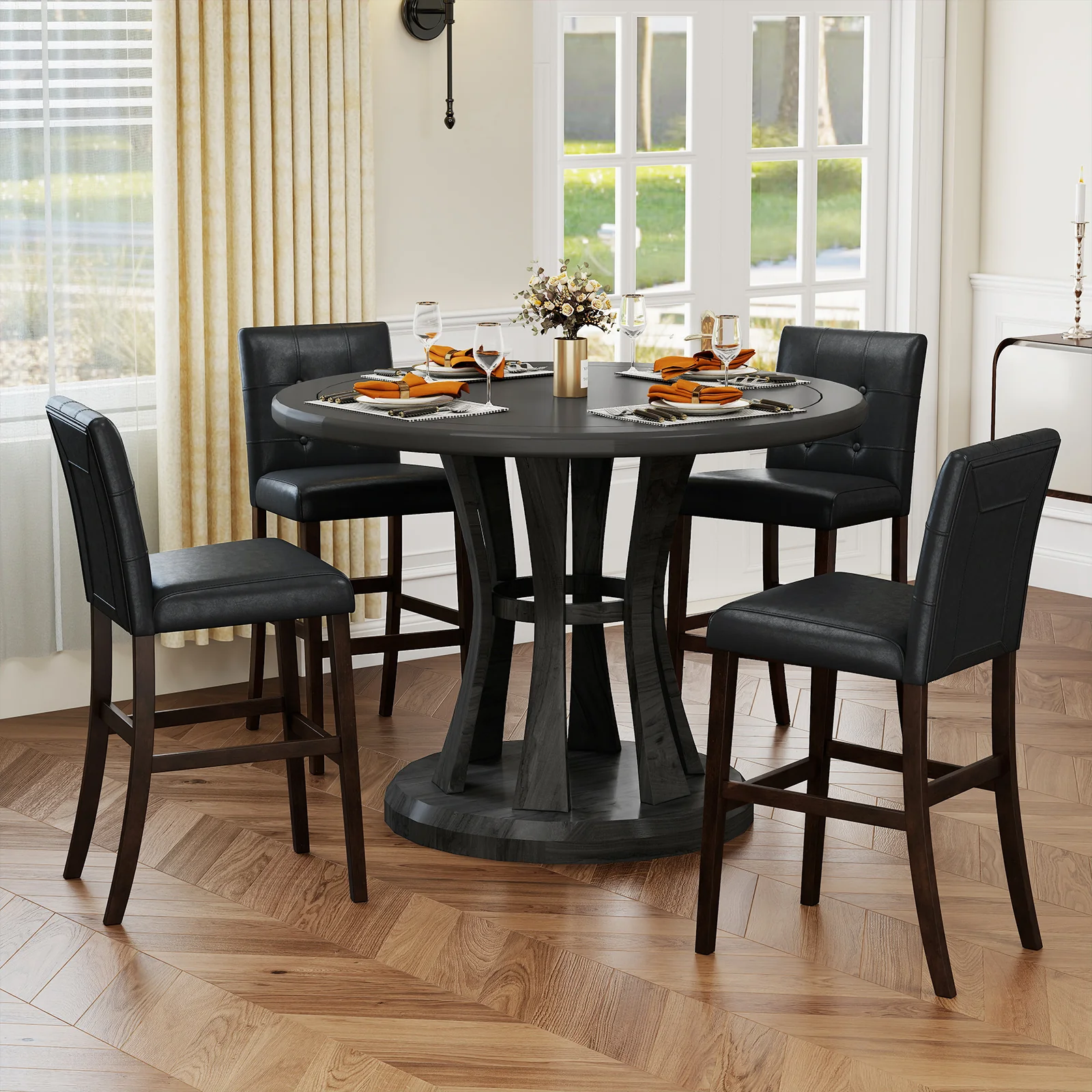 Set Of 2 PVC Leather Bar Stools, Solid Wood Legs, Black - Image 3