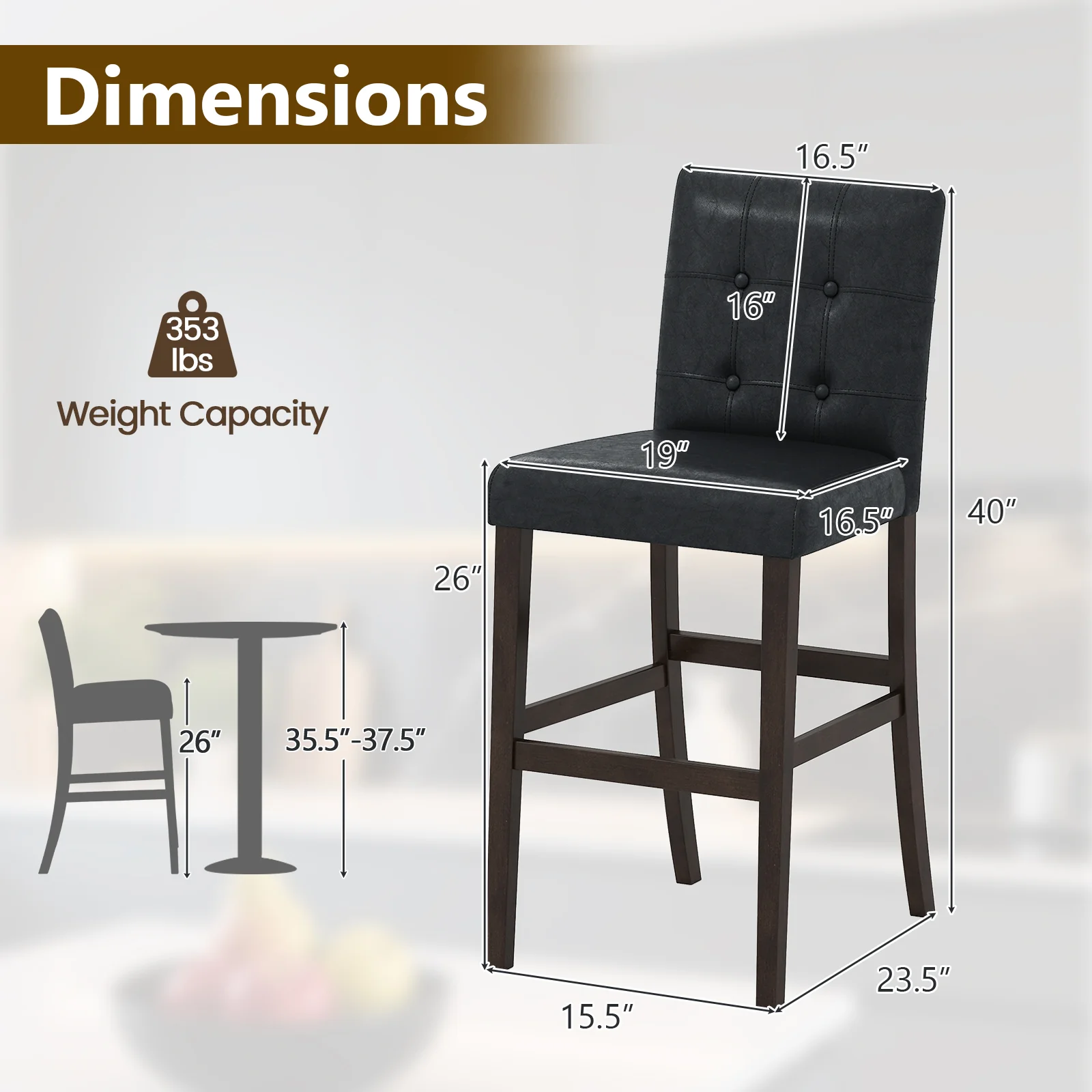 Set Of 2 PVC Leather Bar Stools, Solid Wood Legs, Black - Image 5