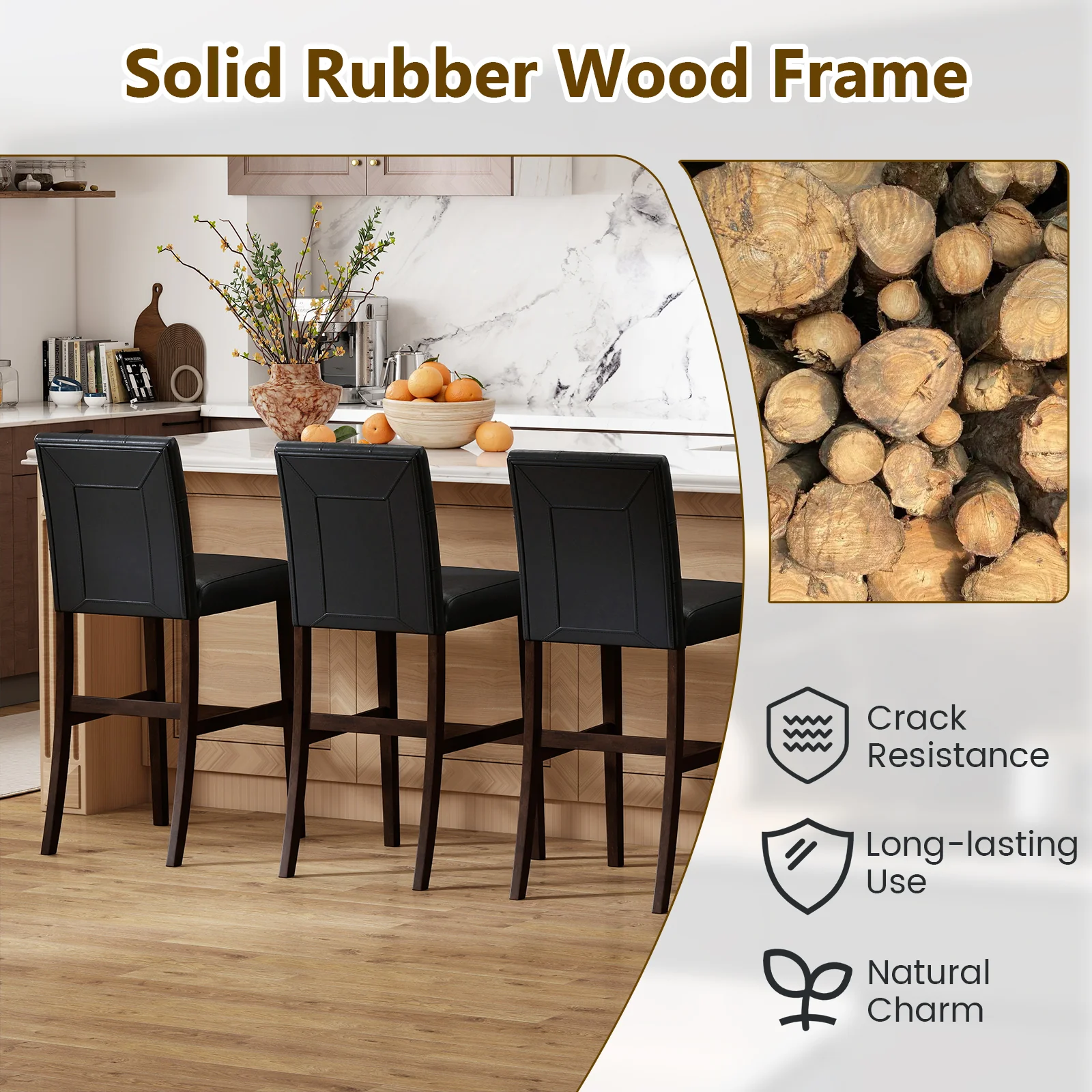 Set Of 2 PVC Leather Bar Stools, Solid Wood Legs, Black - Image 8