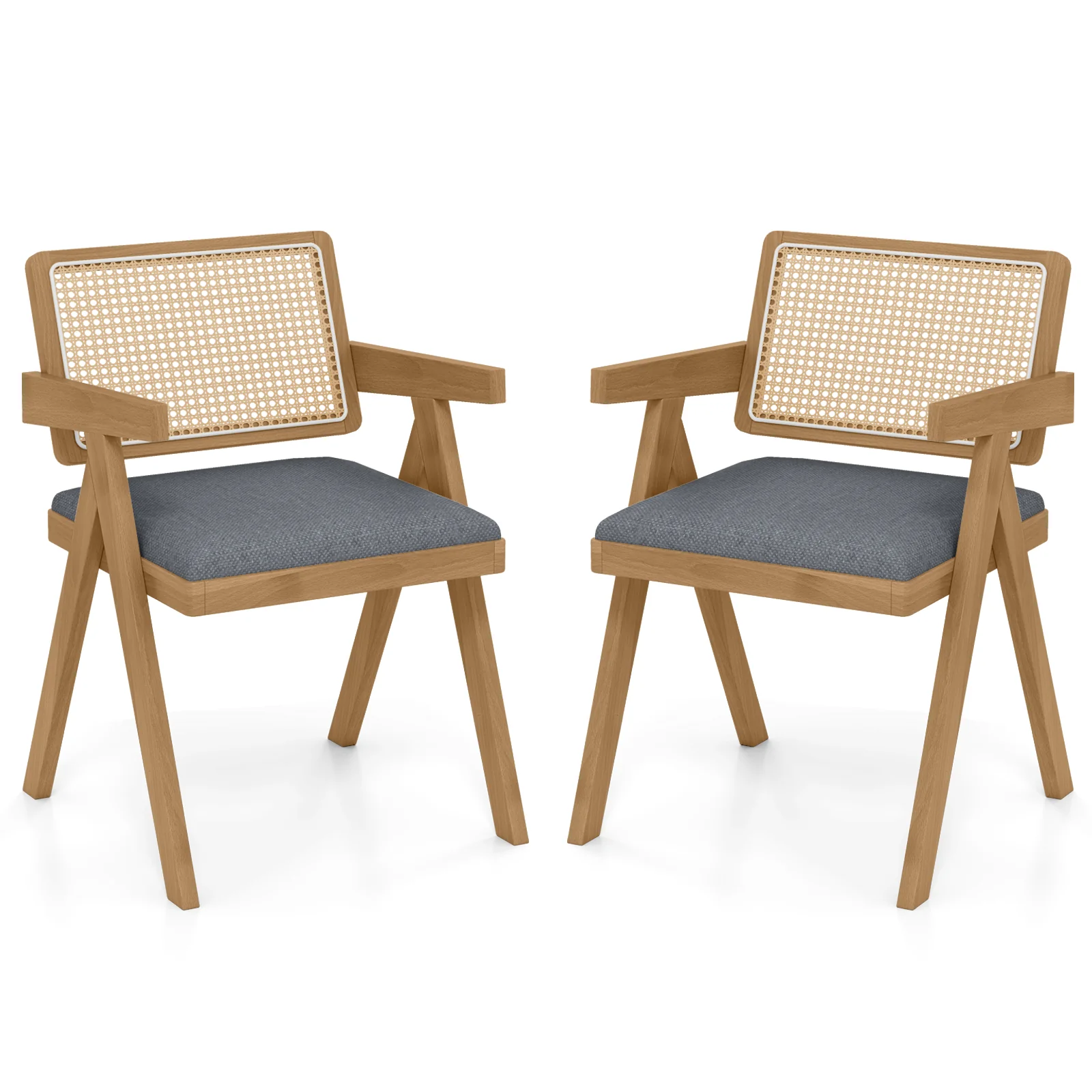 Set Of 2 Rattan Accent Chairs, Padded Cushion, Rubber Wood Frame, Gray - Image 4