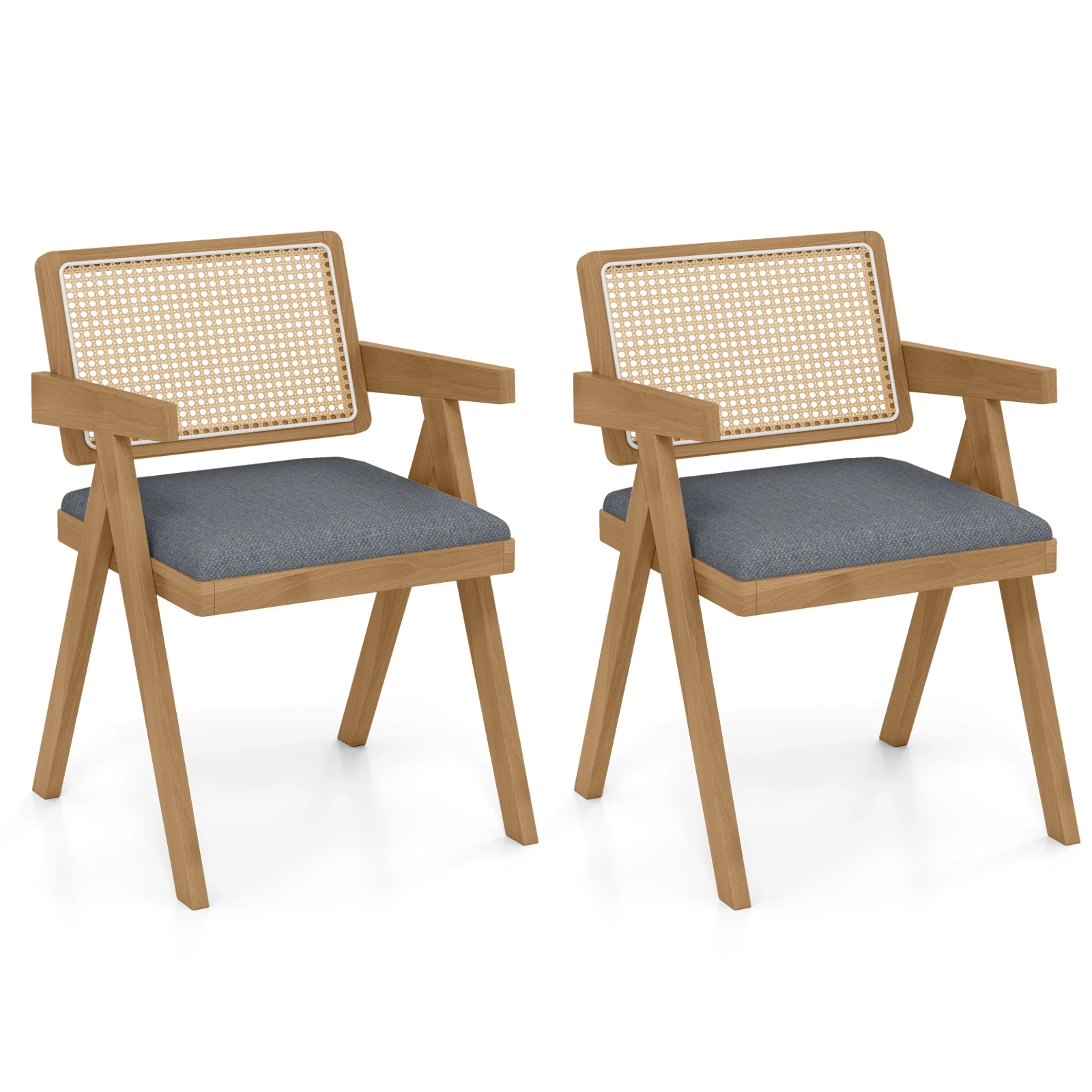Set Of 2 Rattan Accent Chairs, Padded Cushion, Rubber Wood Frame, Gray - Image 5