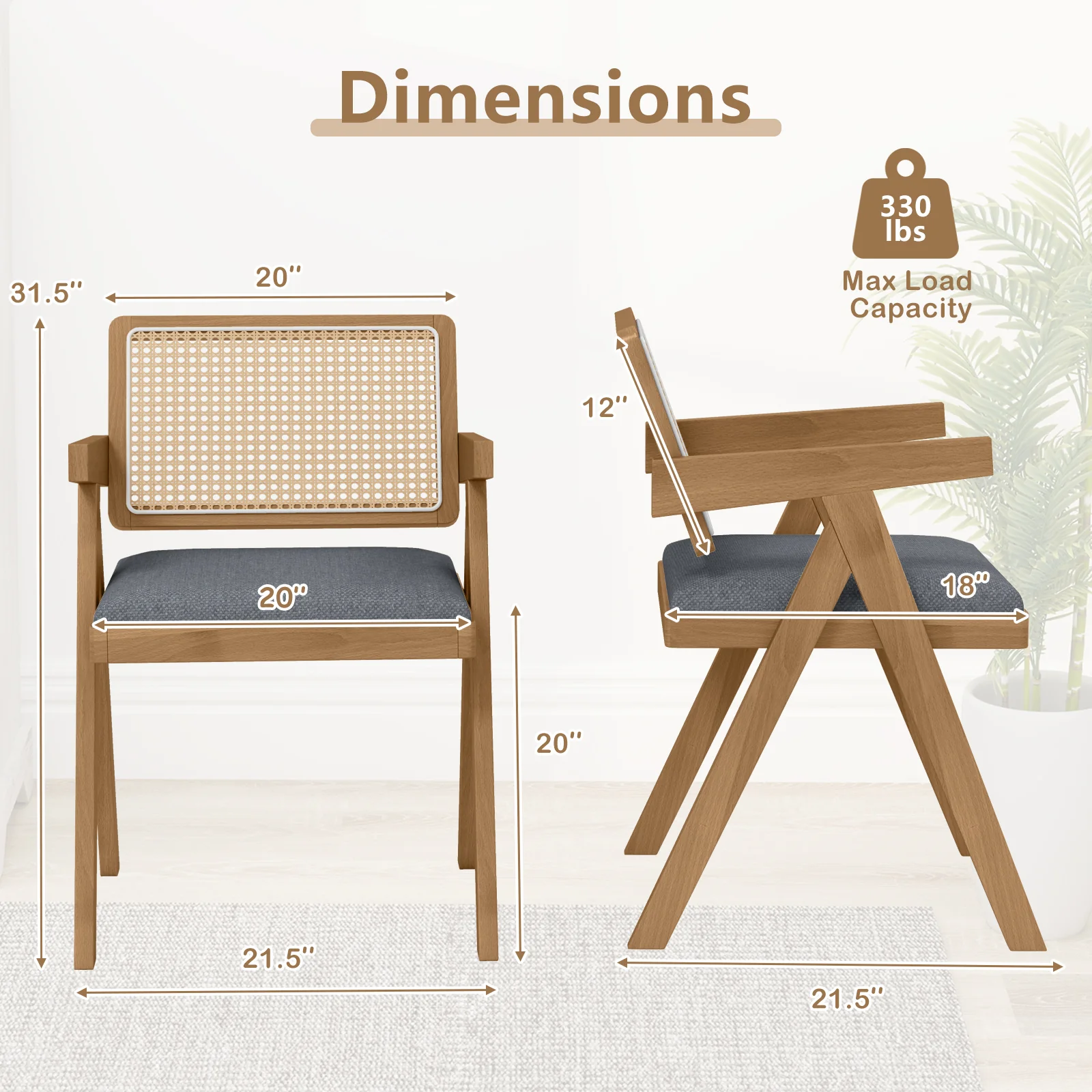 Set Of 2 Rattan Accent Chairs, Padded Cushion, Rubber Wood Frame, Gray - Image 6