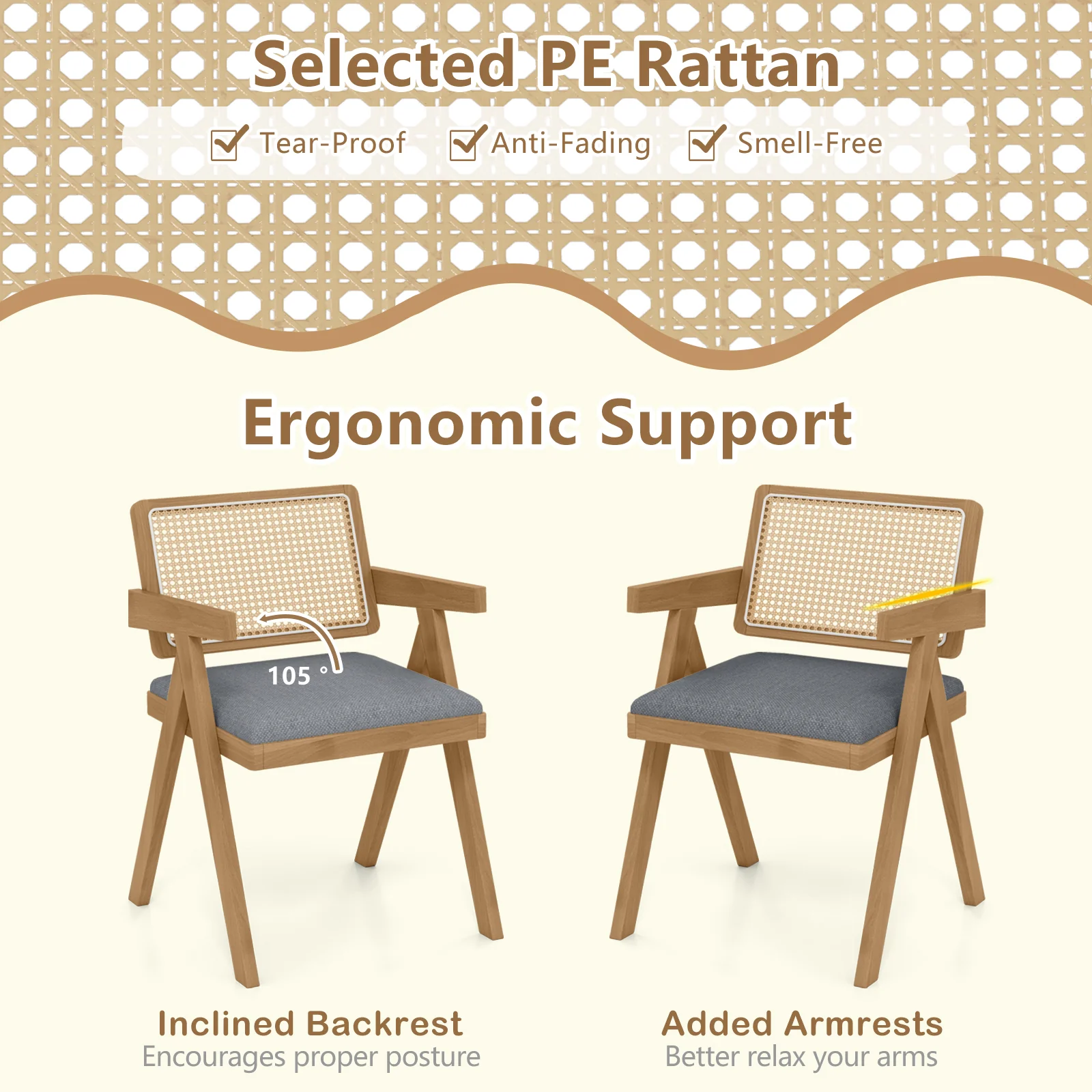 Set Of 2 Rattan Accent Chairs, Padded Cushion, Rubber Wood Frame, Gray - Image 7
