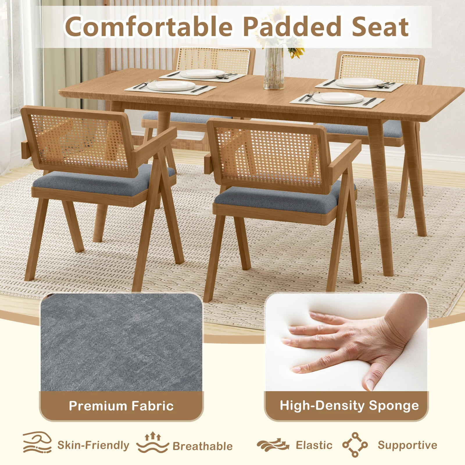 Set Of 2 Rattan Accent Chairs, Padded Cushion, Rubber Wood Frame, Gray - Image 8
