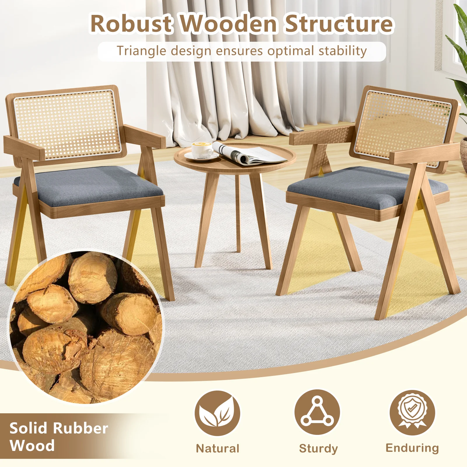 Set Of 2 Rattan Accent Chairs, Padded Cushion, Rubber Wood Frame, Gray - Image 9