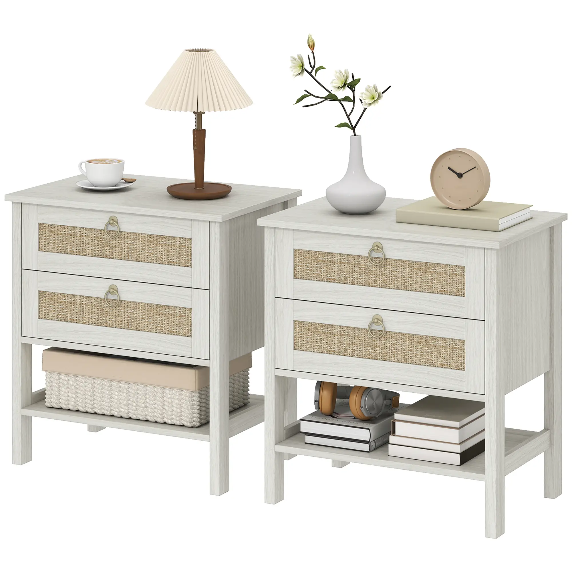Set Of 2 Rattan Nightstands, 2 Drawers, Storage Shelf, White Oak