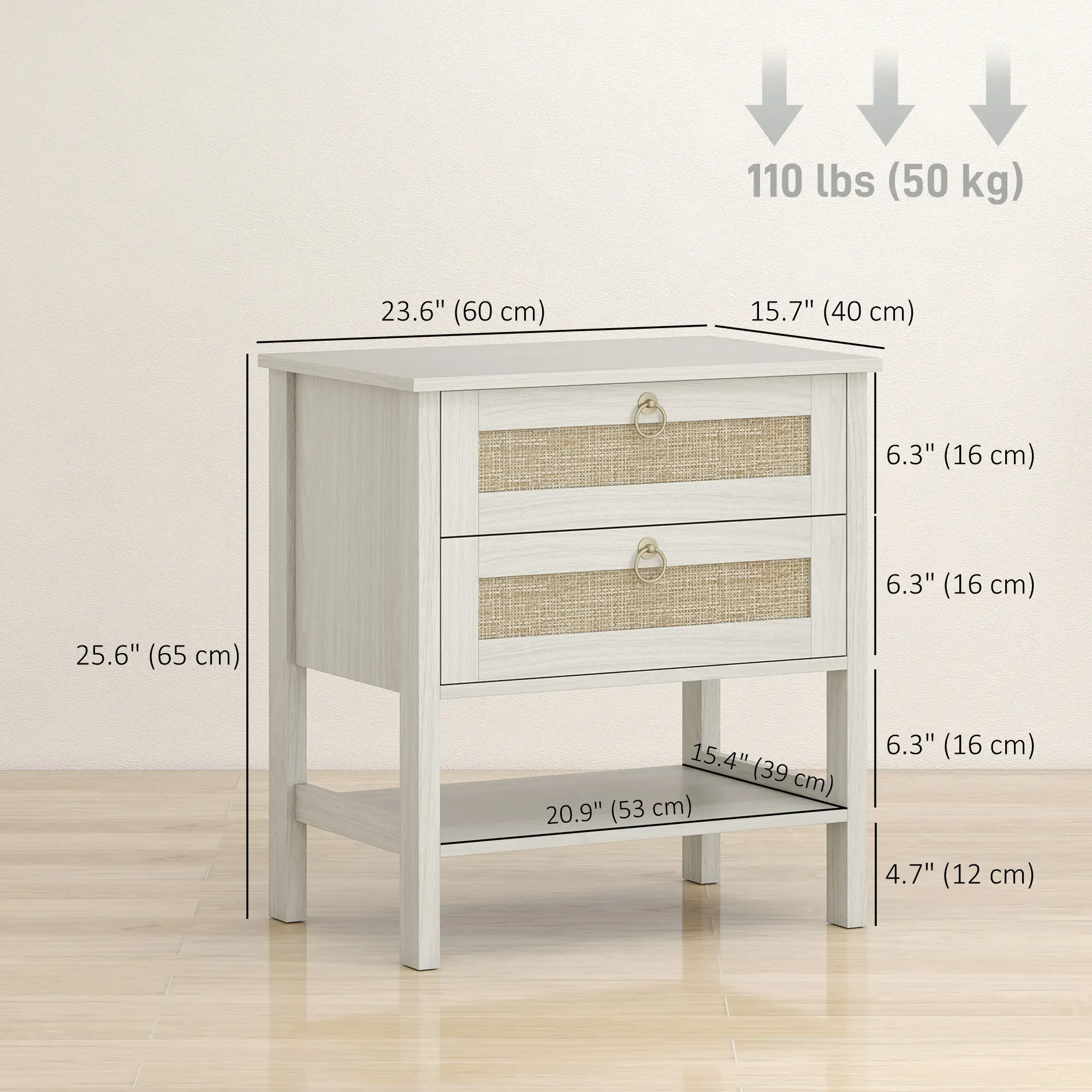 Set Of 2 Rattan Nightstands, 2 Drawers, Storage Shelf, White Oak - Image 3