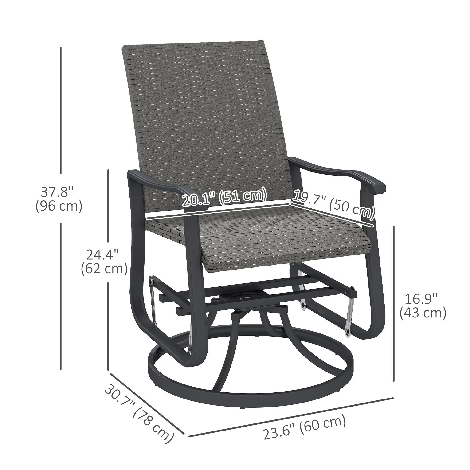 Set of 2 Rattan Patio Gliders, Wicker Outdoor Swivel Chairs, Grey - Image 3