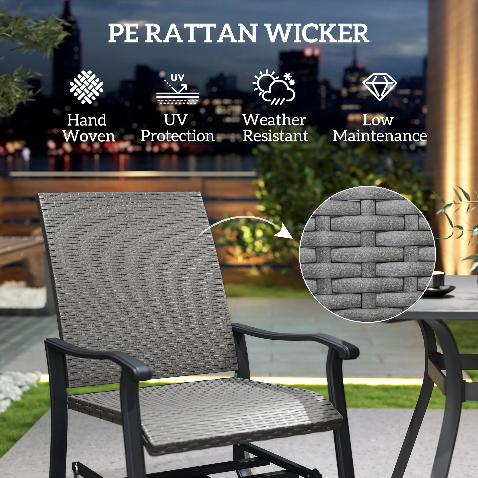 Set of 2 Rattan Patio Gliders, Wicker Outdoor Swivel Chairs, Grey - Image 5