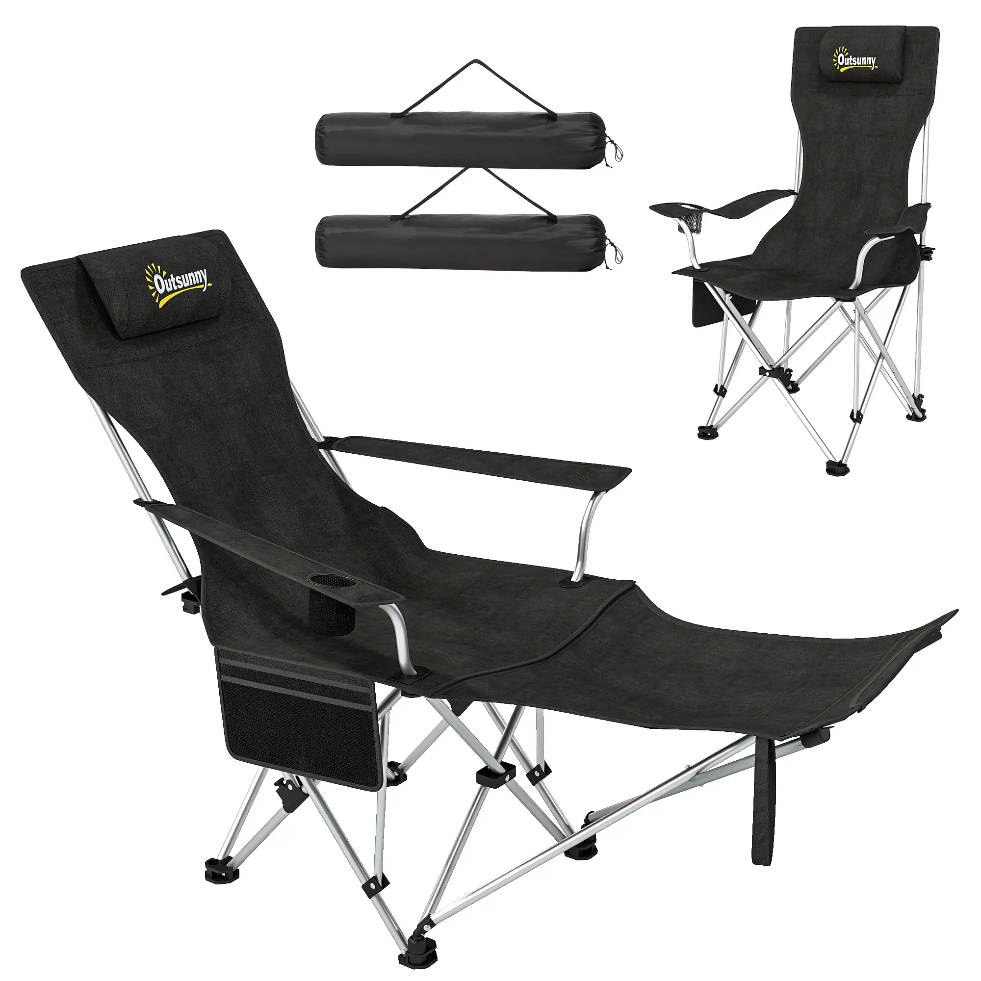 Set of 2 Reclining Camping Chairs with Foot Rest, Headrest, Cup Holder, Storage Bag, Black