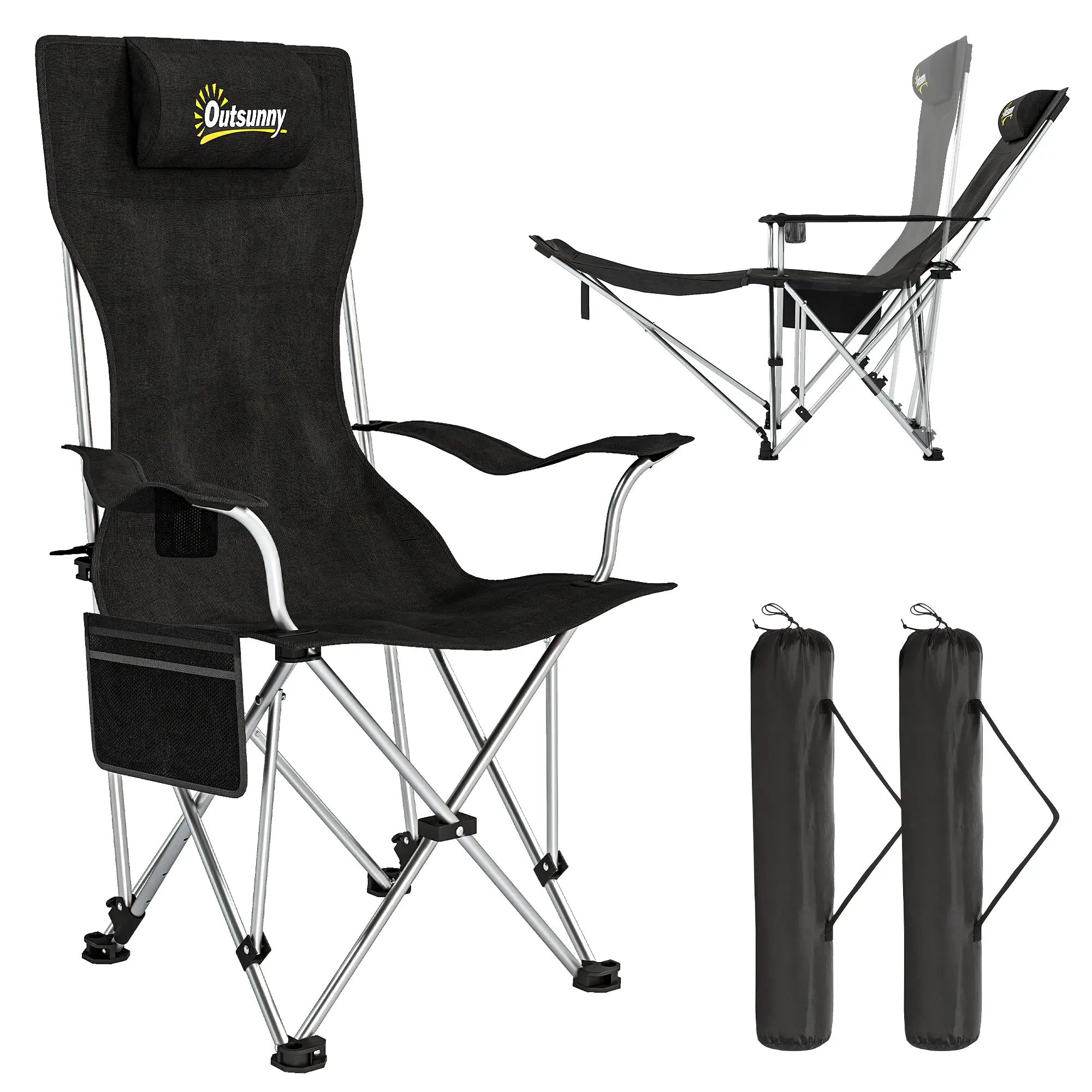 Set of 2 Reclining Camping Chairs with Foot Rest, Headrest, Cup Holder, Storage Bag, Black - Image 11